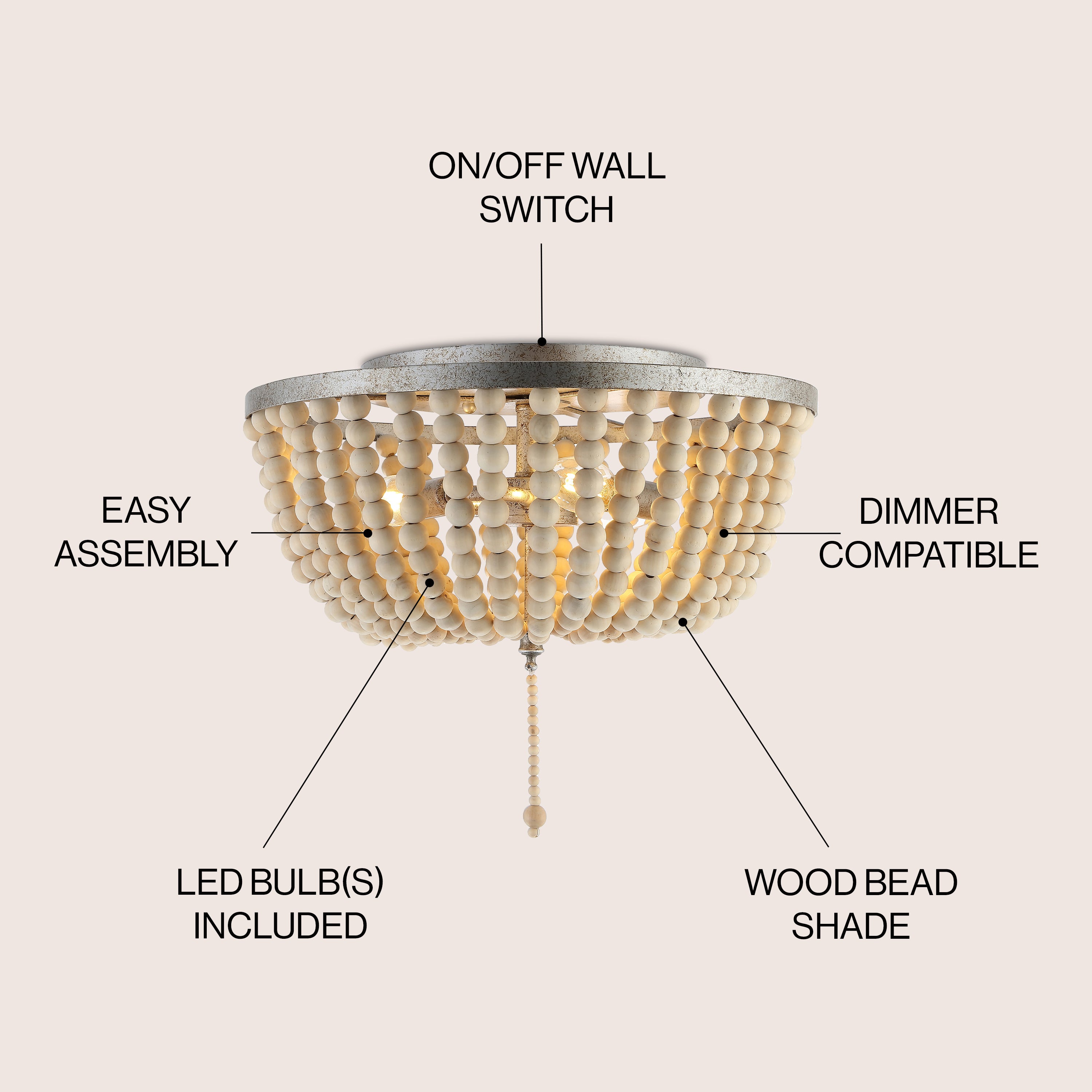 Allison 3-Light Shabby Chic Farmhouse Wood Beaded/Metal LED Flush Mount