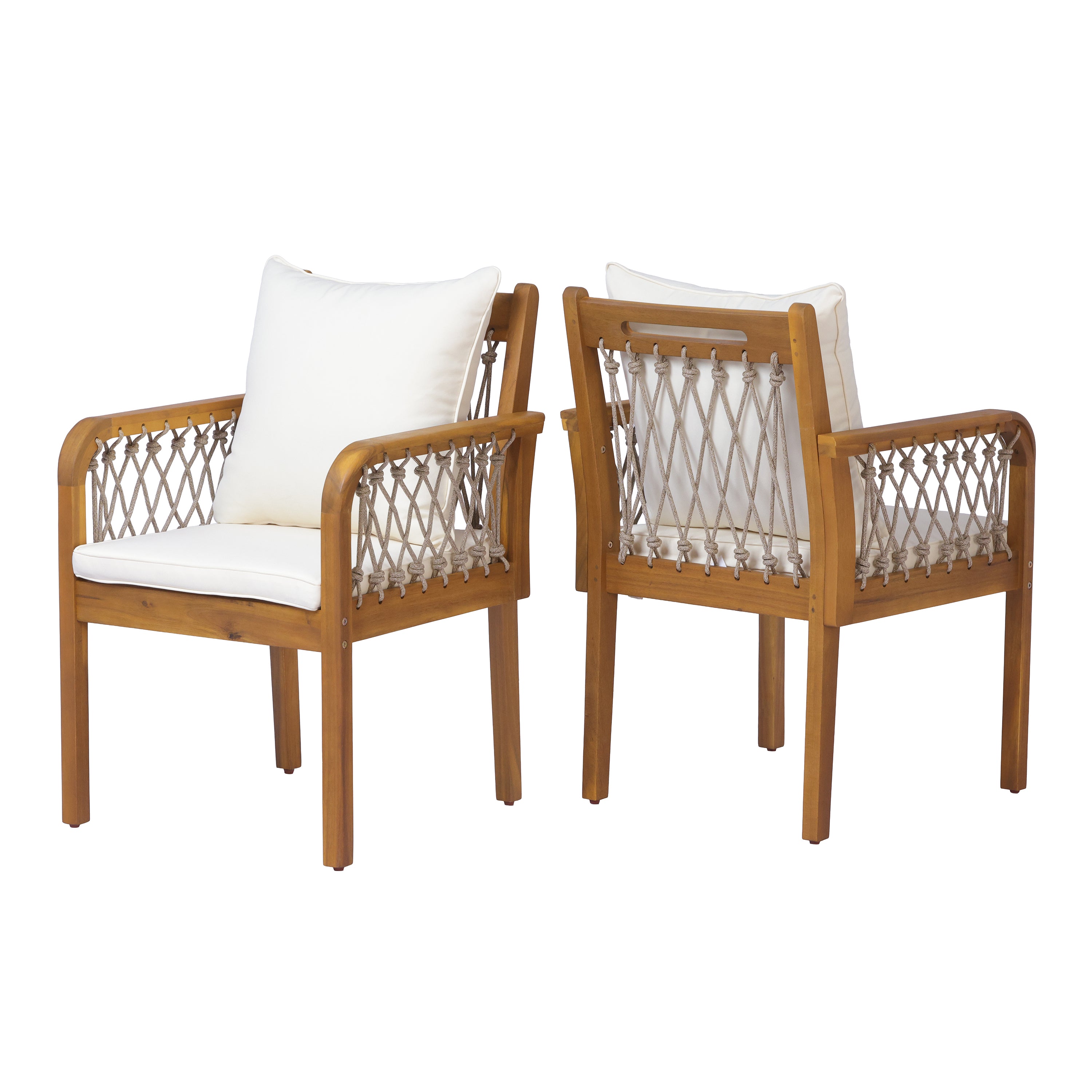 Outdoor Patio Acacia Wood Chairs With Woven Rope Arms, Set of 2