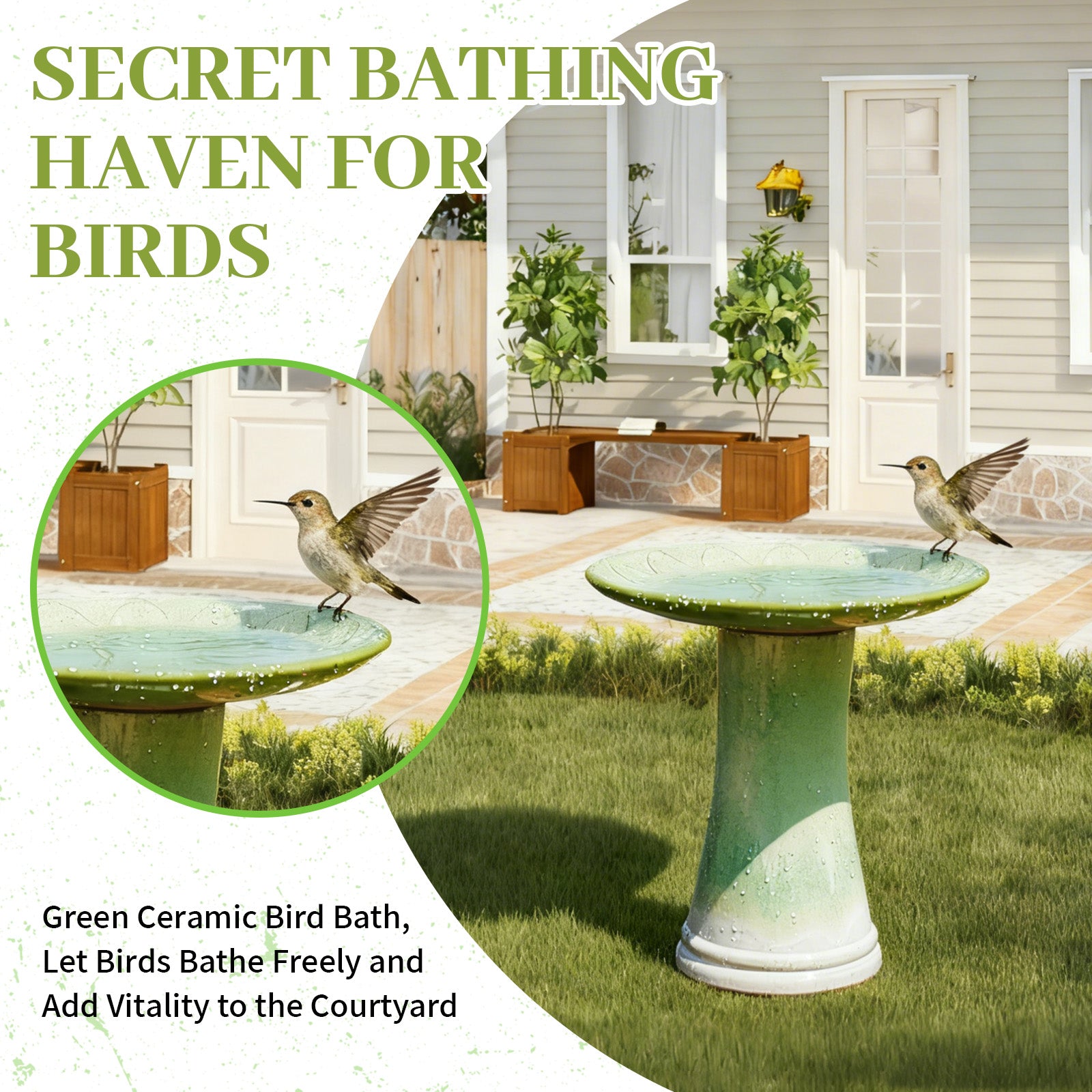 Handmade Green Gradient Glaze Ceramic Bird Bath