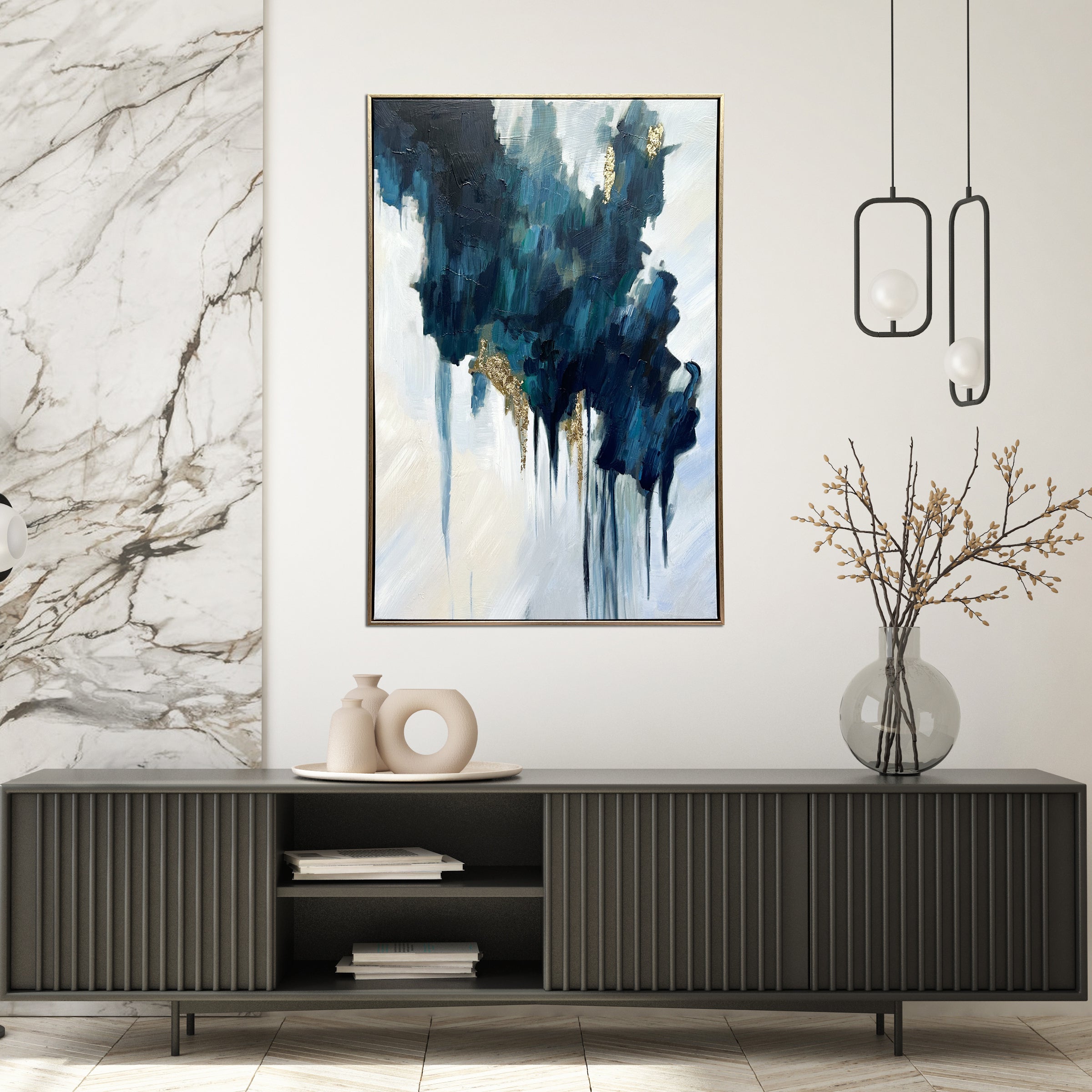 Turquoise Glimmer Abstract Hand Painted Floating Framed Wall Art Print, 24"x36"