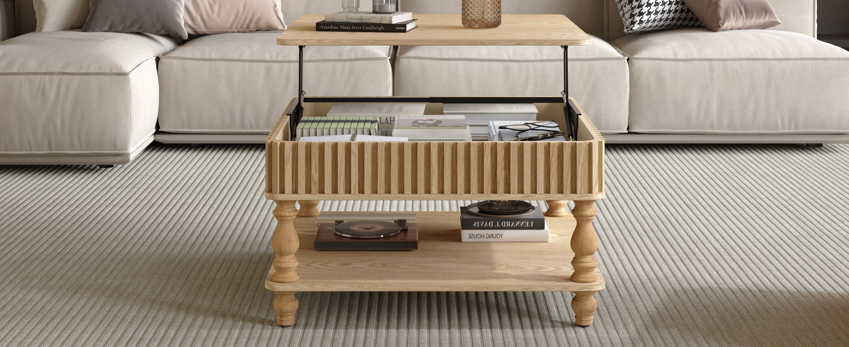 Square Fluted Lift-Top Coffee Table with Hidden & Open Storage