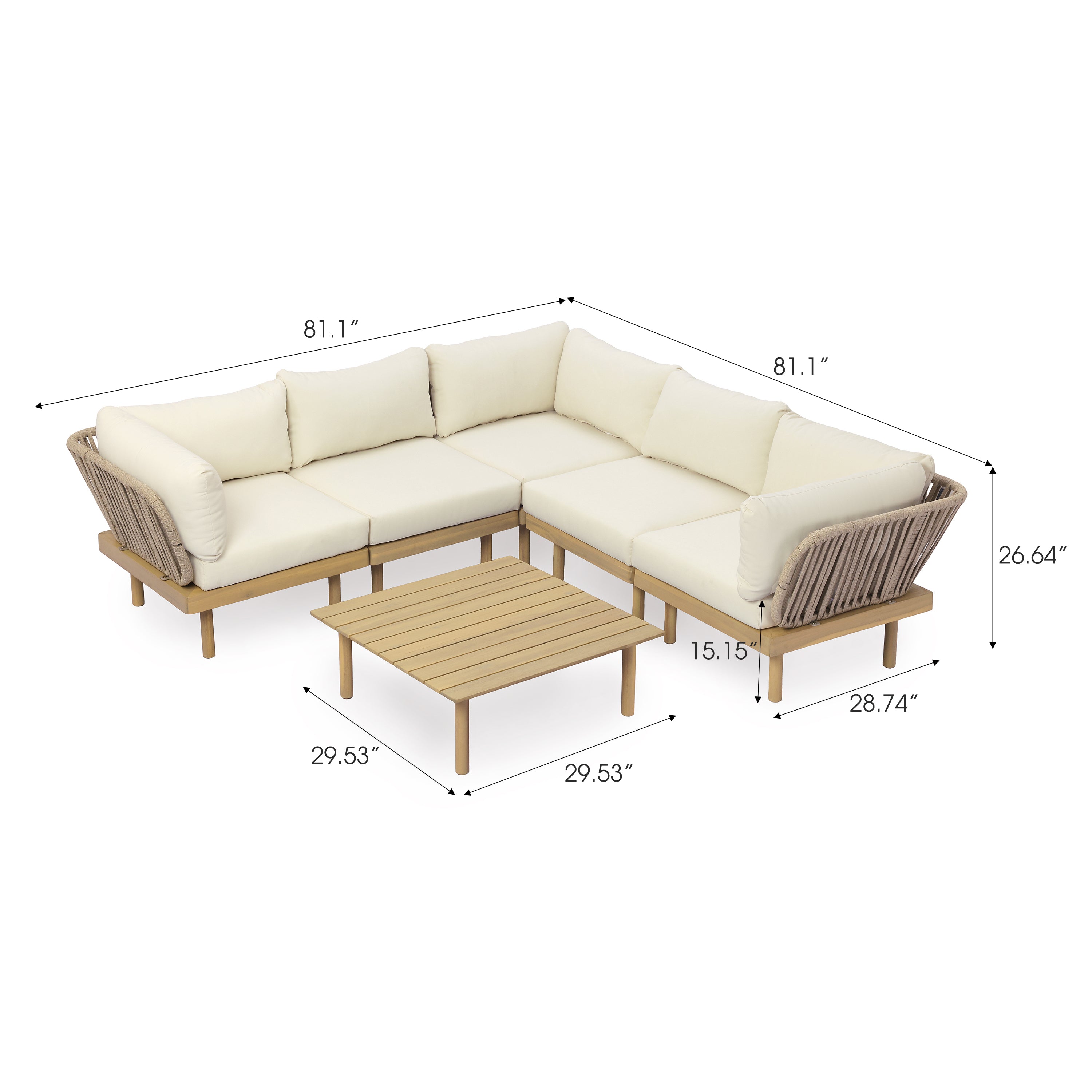 Sebastian 6-Piece Acacia Wood L-Shaped Modular Outdoor Sofa Set