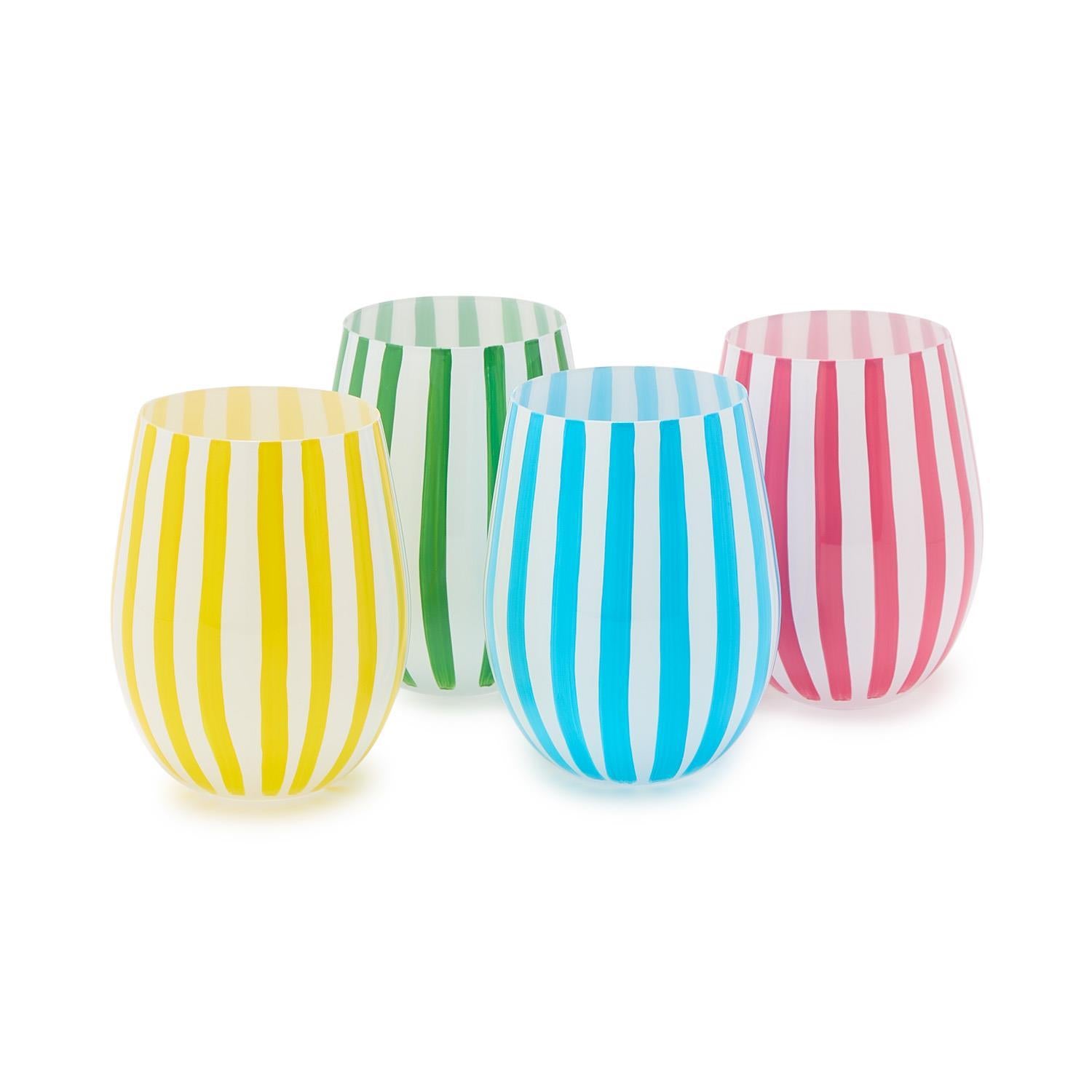 Stripe Hand-Painted Stemless Wine Glass Incl 4 Colors, Set of 4