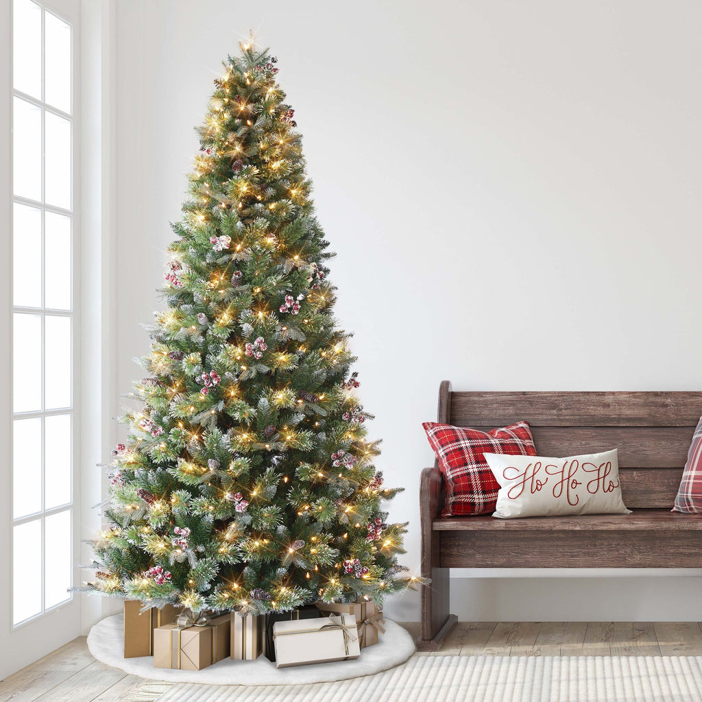 7.5 ft Pre-lit Frosted Berry Spruce Artificial Christmas Tree with Sure-lit Pole®, Warm White Led Lights & Metal Stand