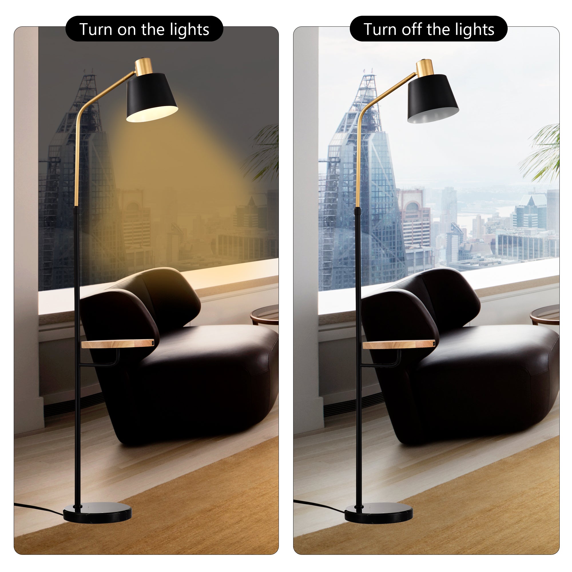 Floor Lamp with Wood Table and Built-in USB Charging Port