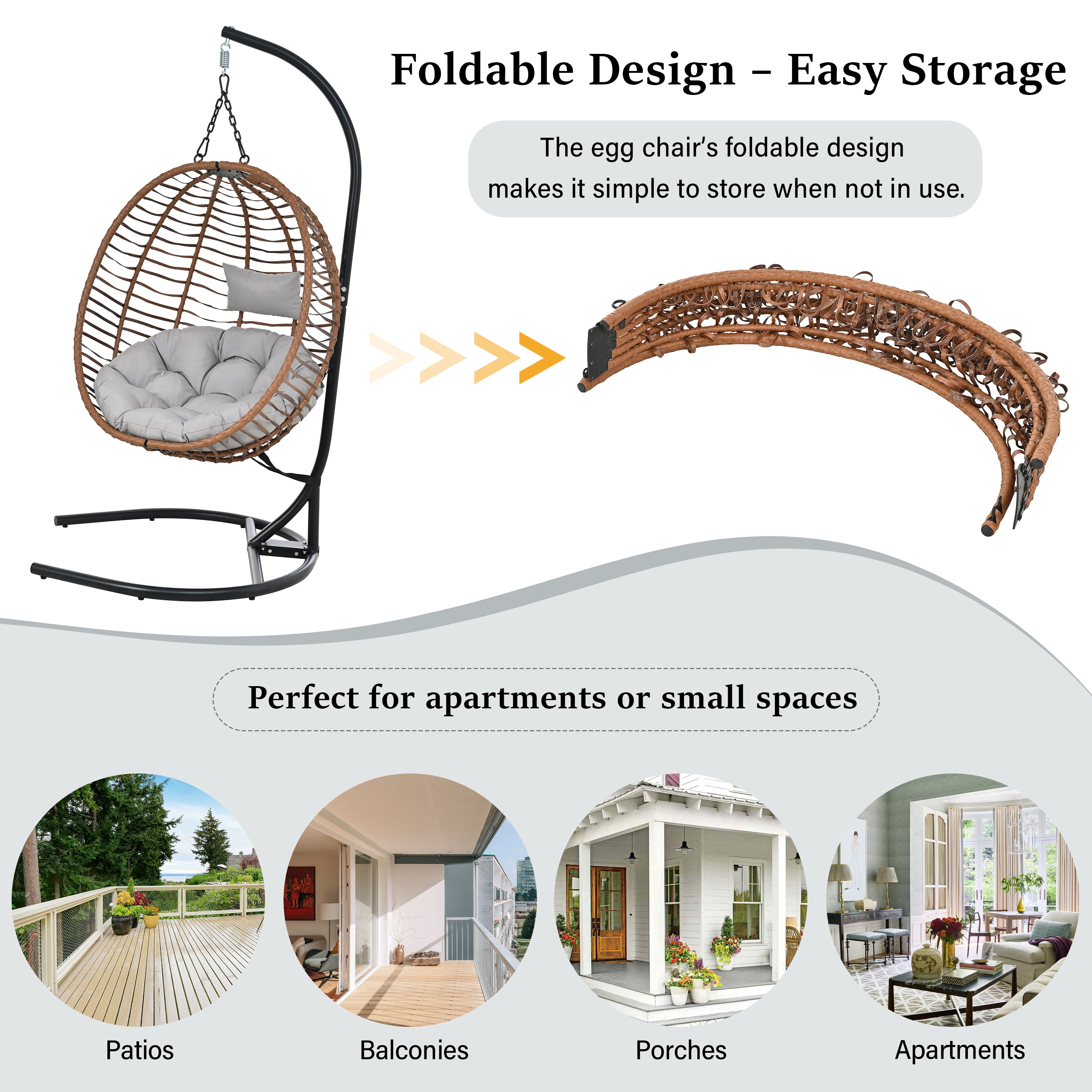 Folding Hanging Swinging Egg Chair with Stand & Tufted Cushion