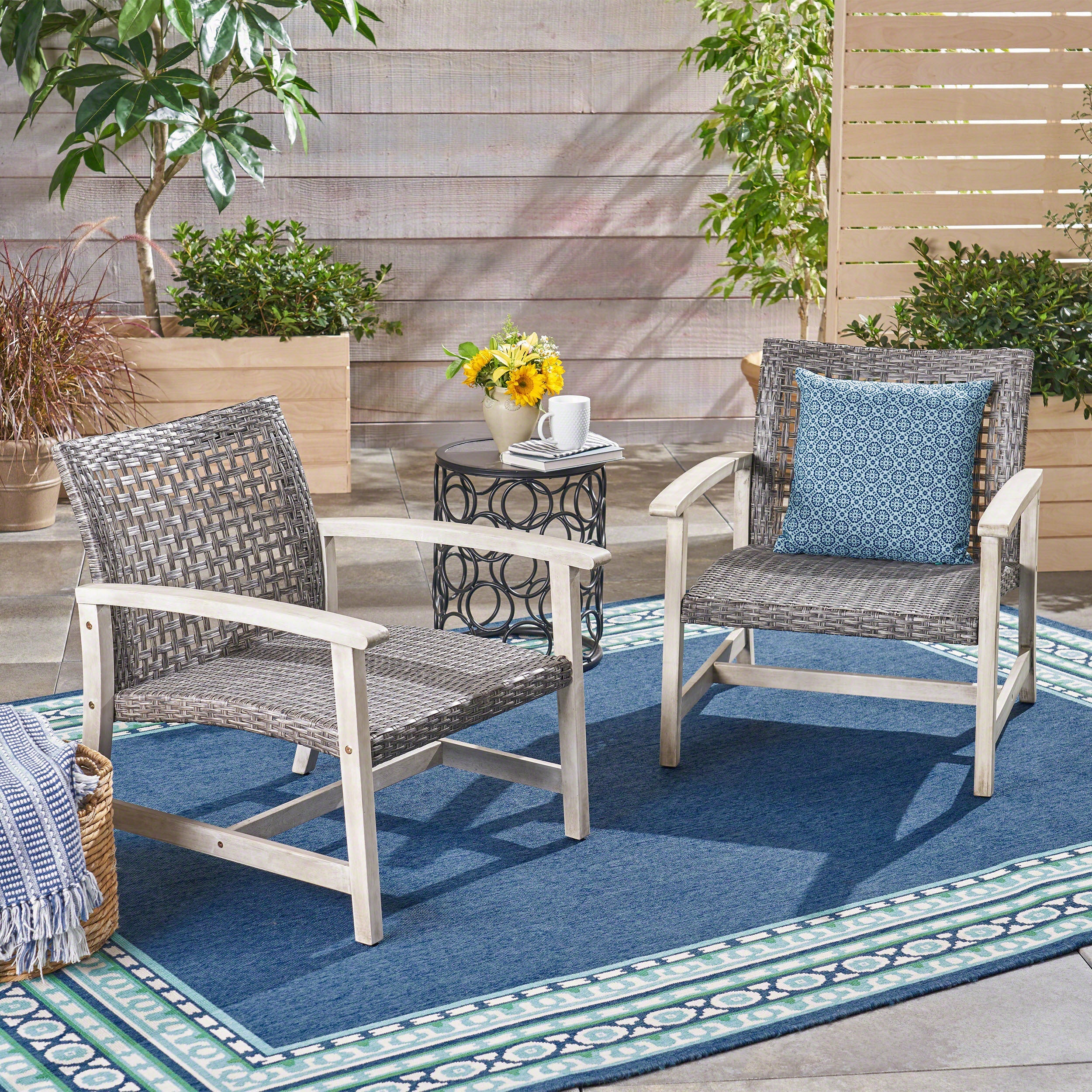 Hampton Outdoor Rattan & Acacia Wood Wicker Club Chairs, Set of 2