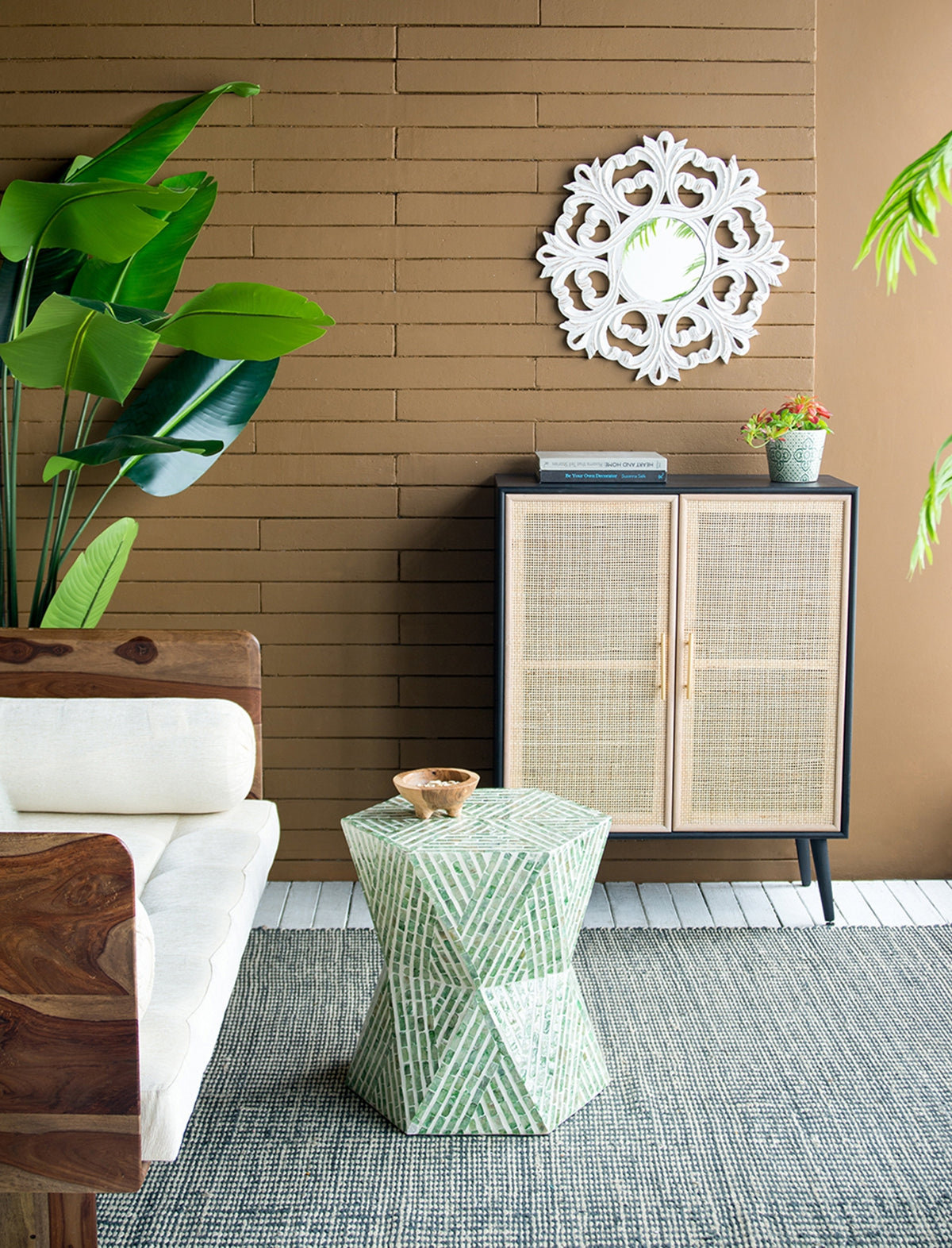 Tapered Green Garden Capiz Stool/Accent Side Table