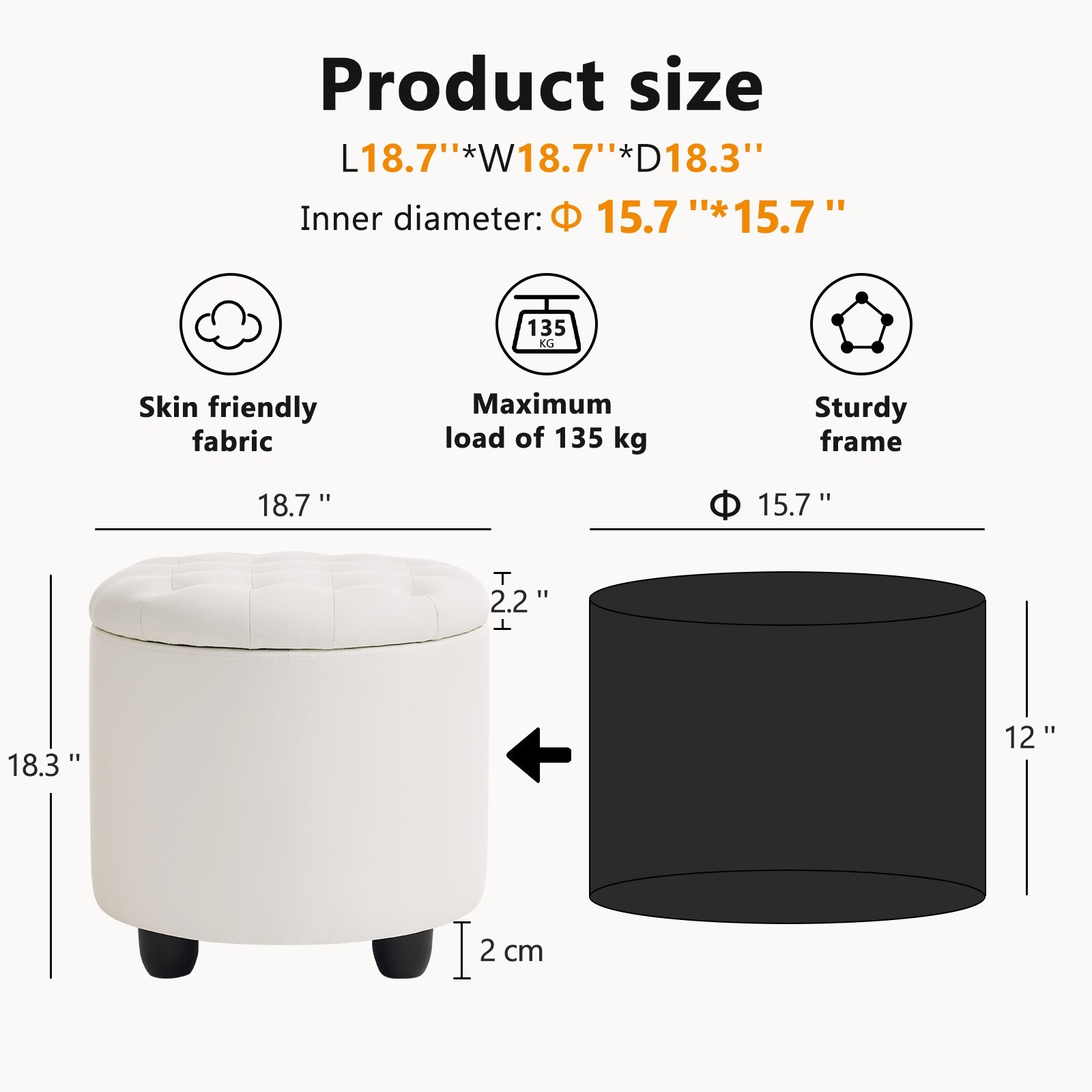 Small Upholstered Circle Pouf Footstool with Removable Lid Storage
