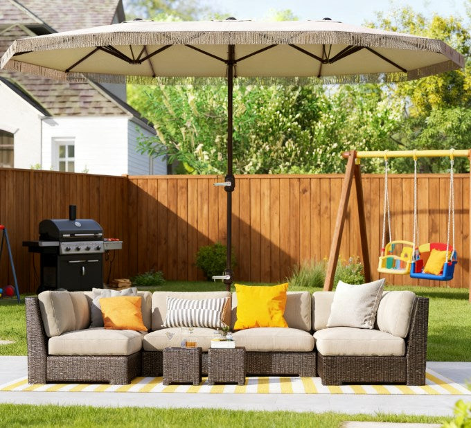 Oversized Fringe Trim Patio Umbrella with Crank Handle