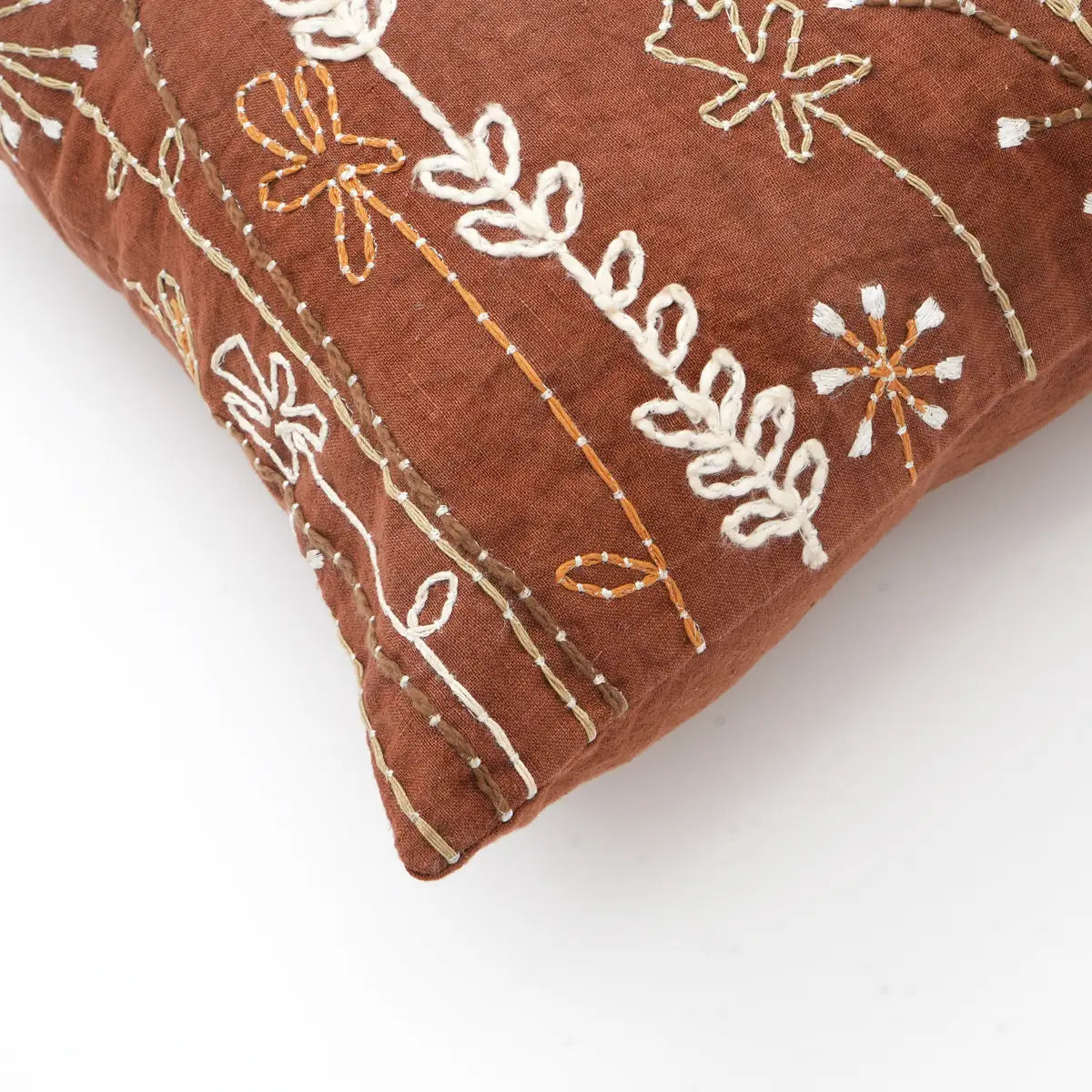 Linen Floral Embroidered Lumbar Pillow