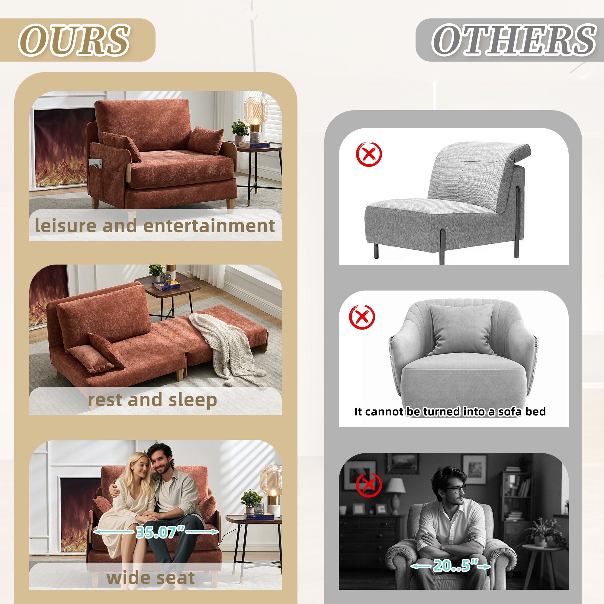 Mid-Century Modern Chenille Foldable Sofa Bed Recliner