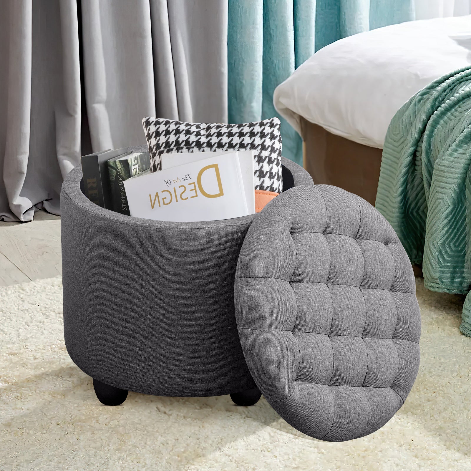 Small Upholstered Circle Pouf Footstool with Removable Lid Storage