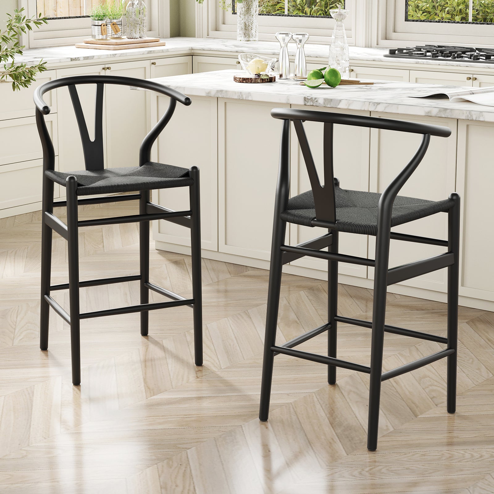 Wishbone Counter Height Barstool with Woven Seat