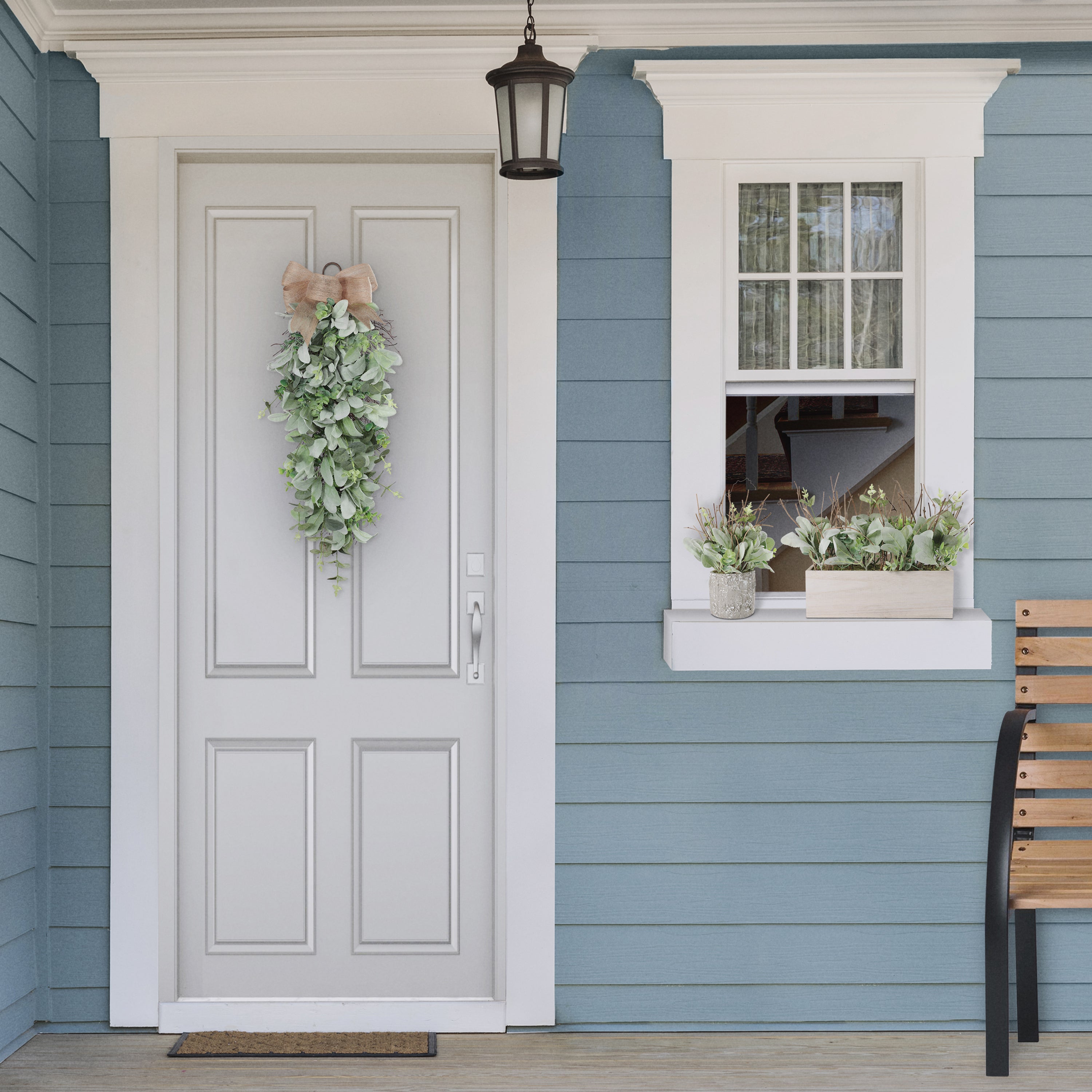 30" Front Door Swag with Burlap Bow & Lambs Ear & Greenery Leaves
