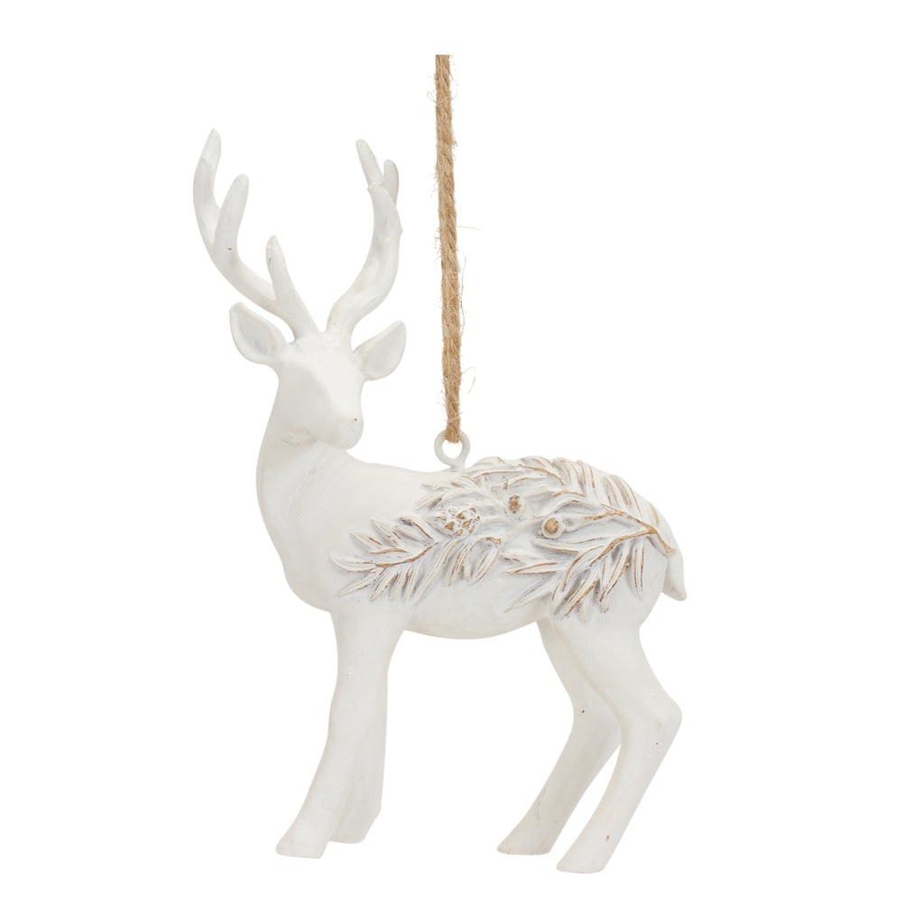 Modern White Deer Ornament with Raised Pine Design (Set of 6)