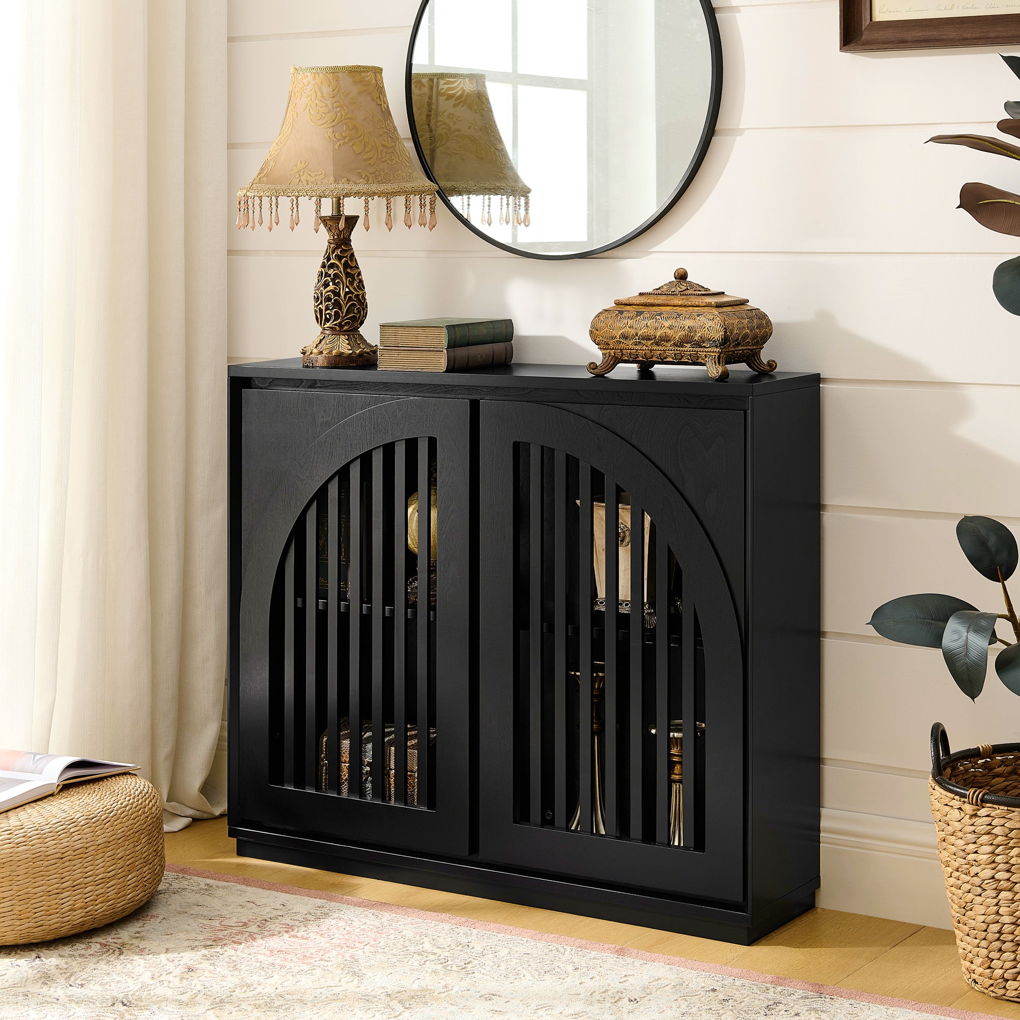 Mid-Century Modern Fluted Narrow Storage Cabinet with 2 Outlet Holes