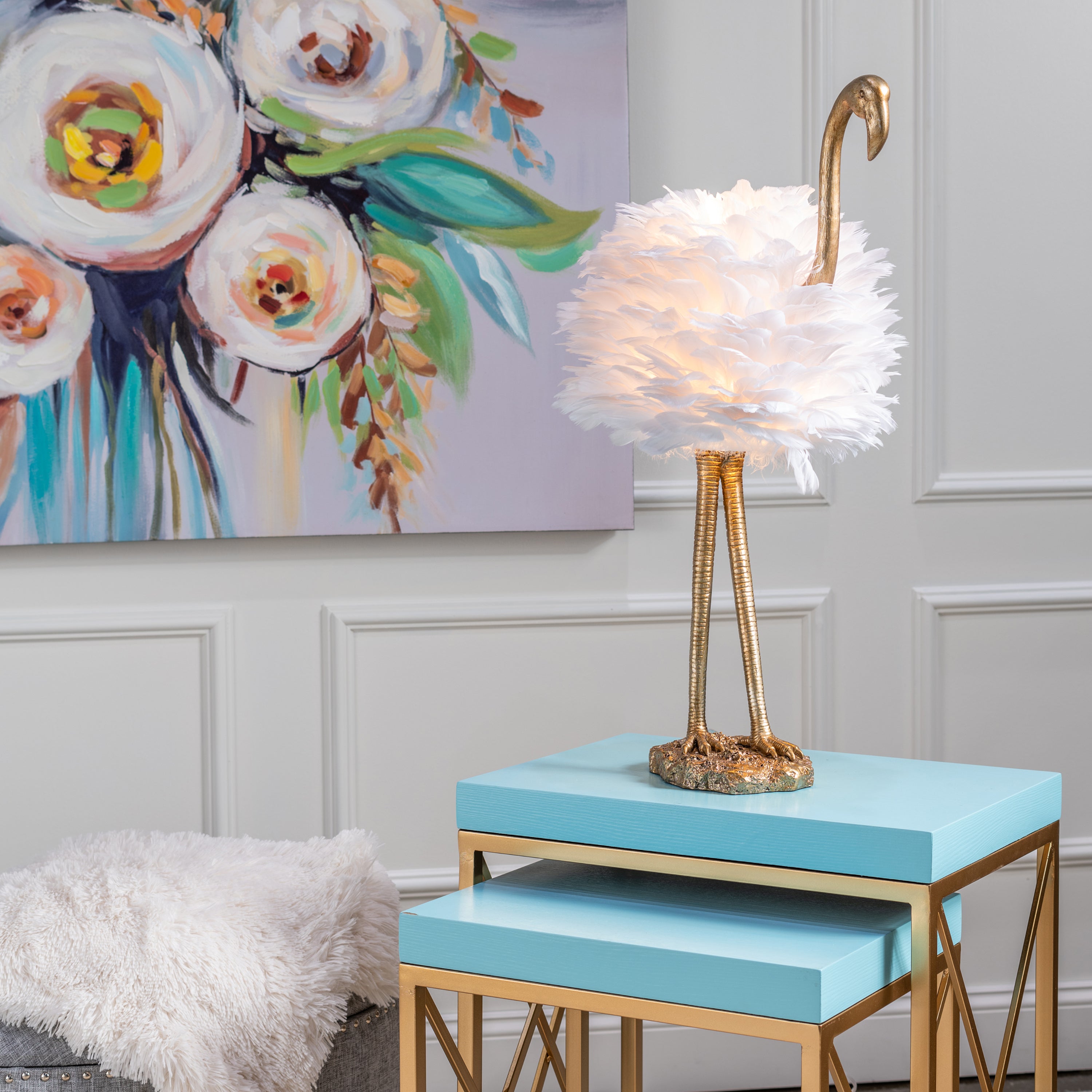 Polished Gold Flamingo Table Lamp With Feathered Shade