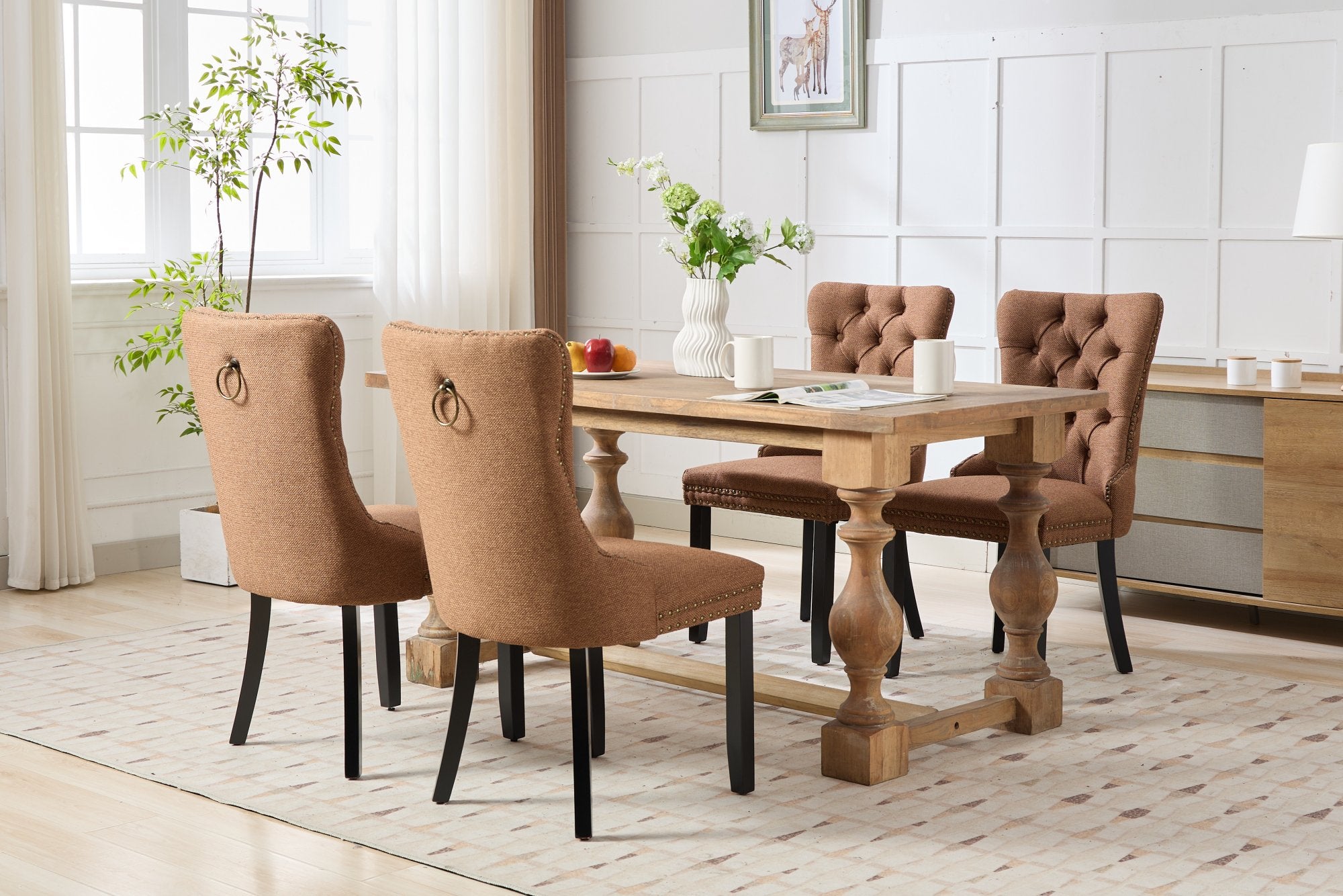 Rosewick Modern Tufted Linen Nailhead Trim Solid Wood Upholstered Dining Chair with Black Legs, Set of 2