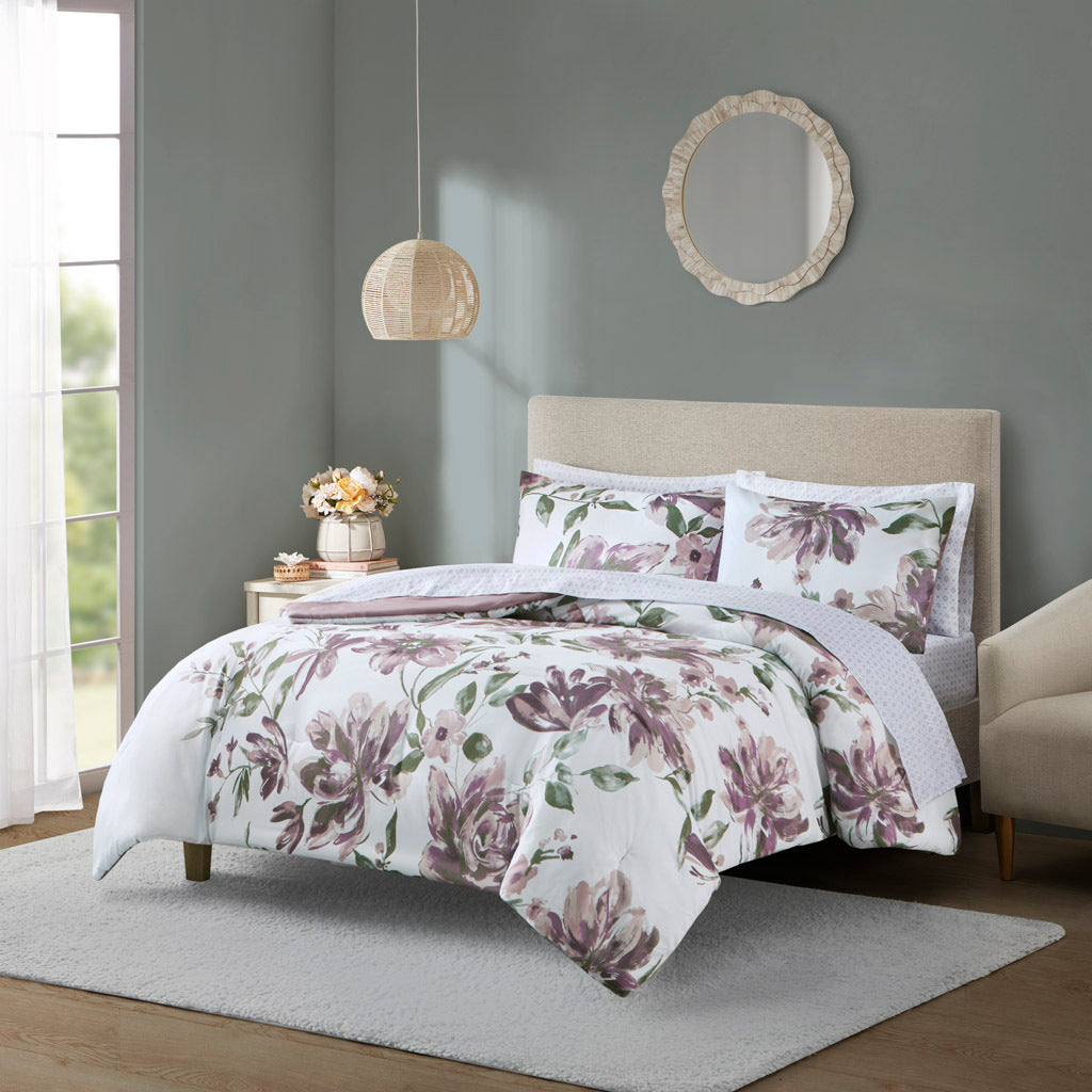 Mauve Floral Bed in a Bag Comforter Set with Bed Sheets