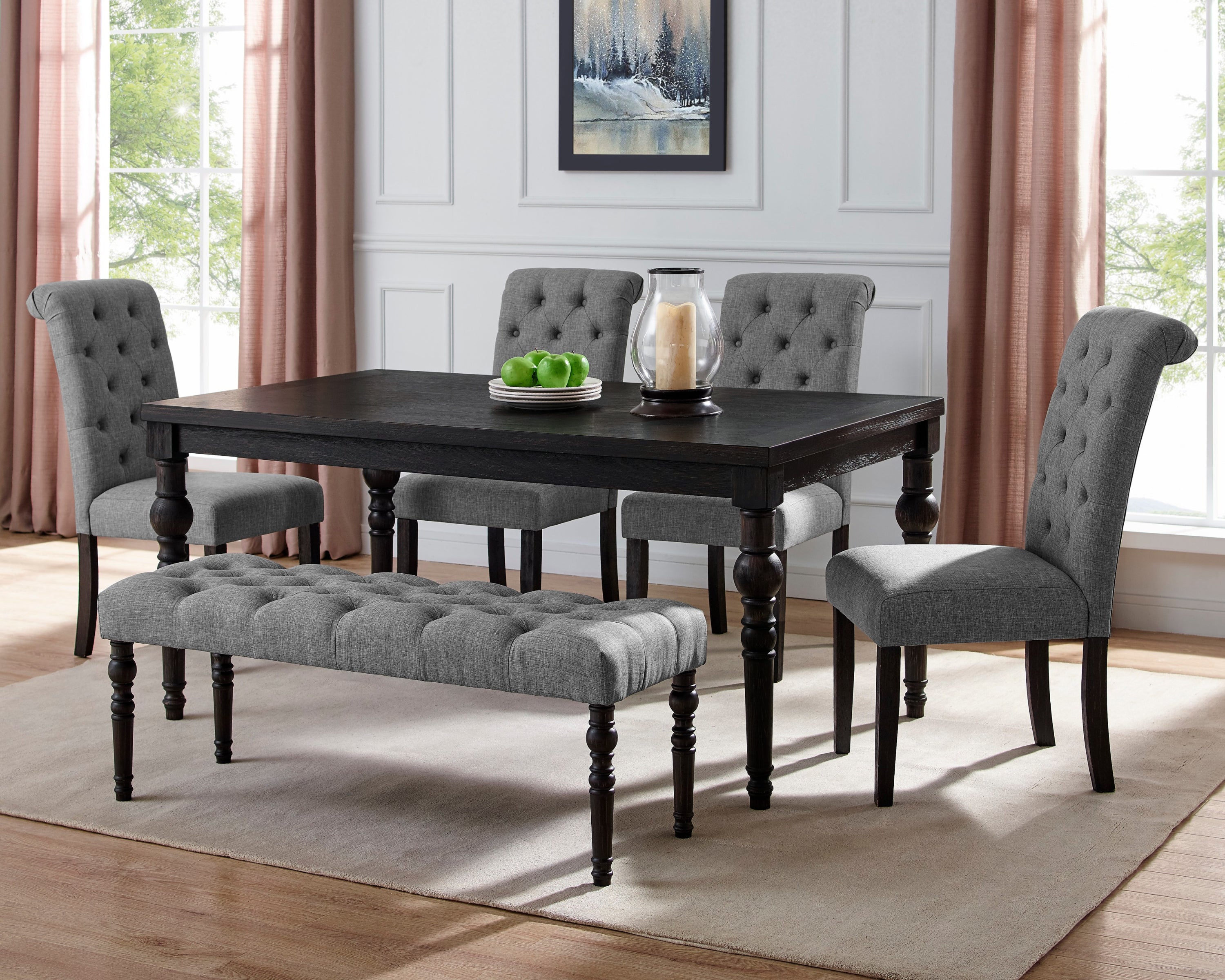 Levi Turned-Leg Dining Set with Table, 4 Chairs and Bench