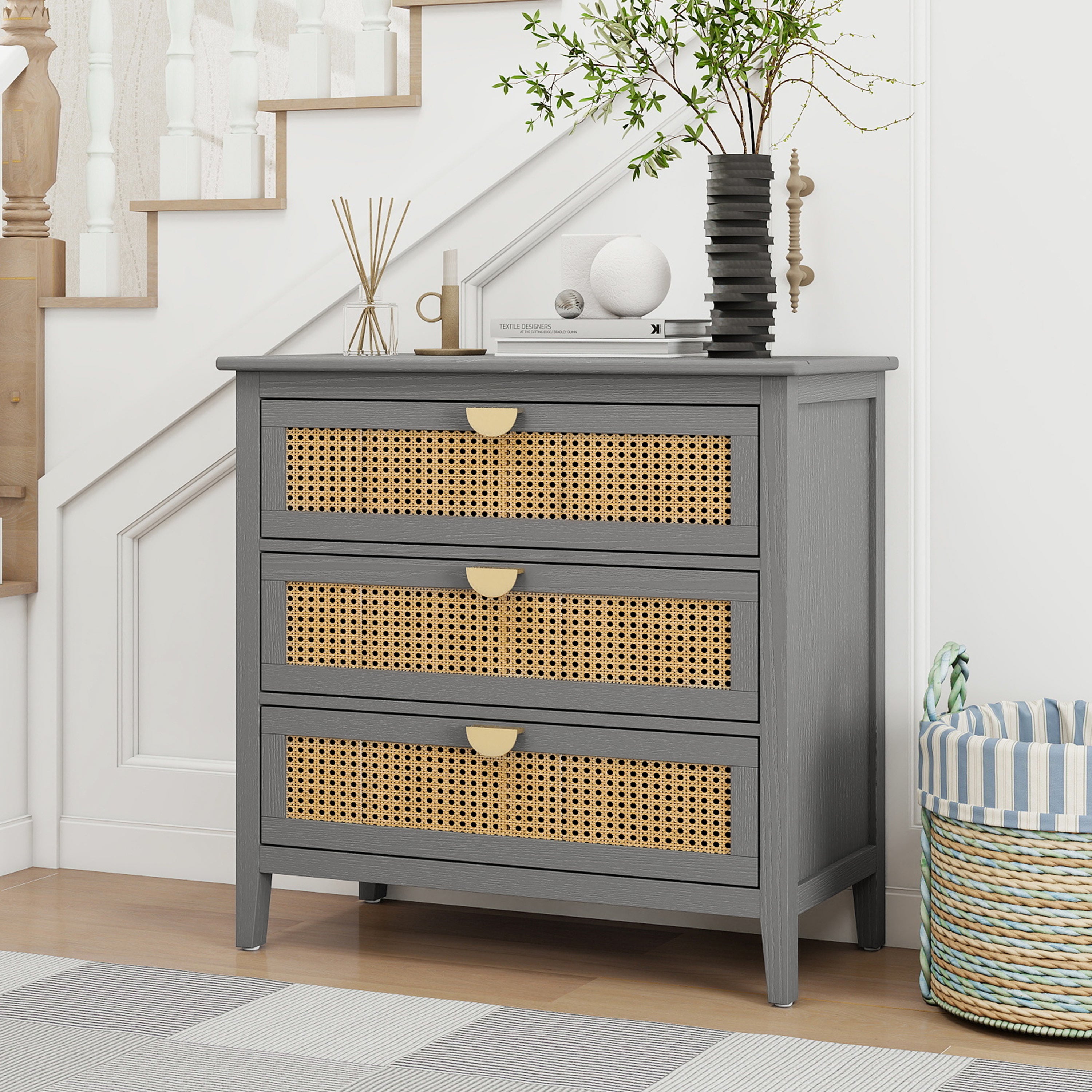 3 Drawer Cabinet with Natural Rattan Drawers