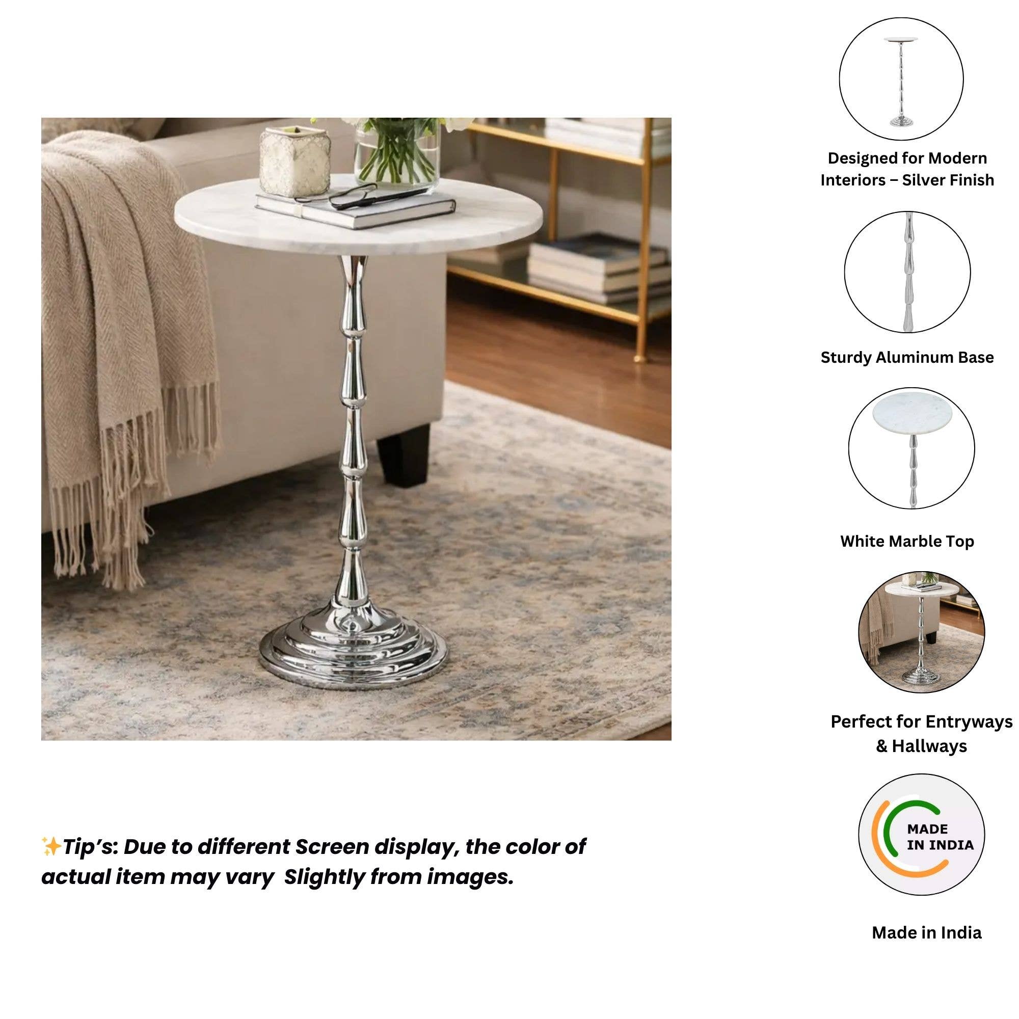 Drink Table with White Marble Top  and Aluminum Base