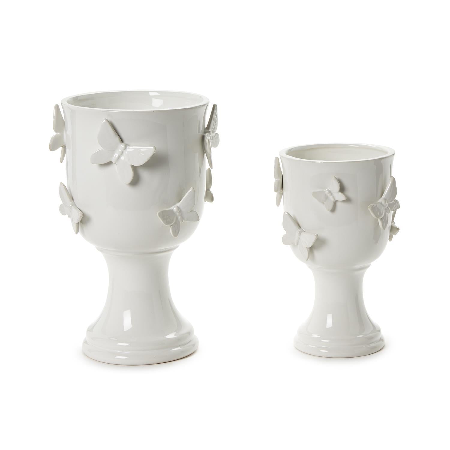 Butterfly Pedestal Cachepots with Sculpted Butterflies, Set of 2