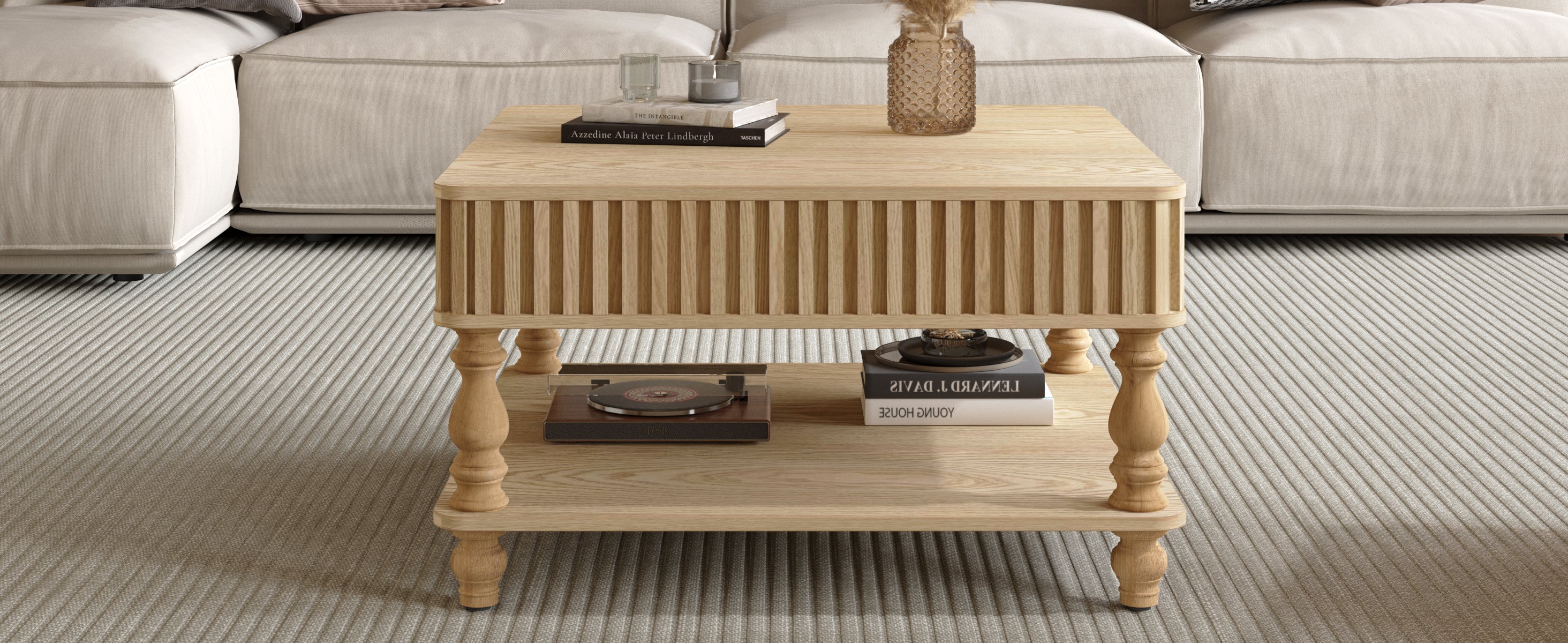 Square Fluted Lift-Top Coffee Table with Hidden & Open Storage
