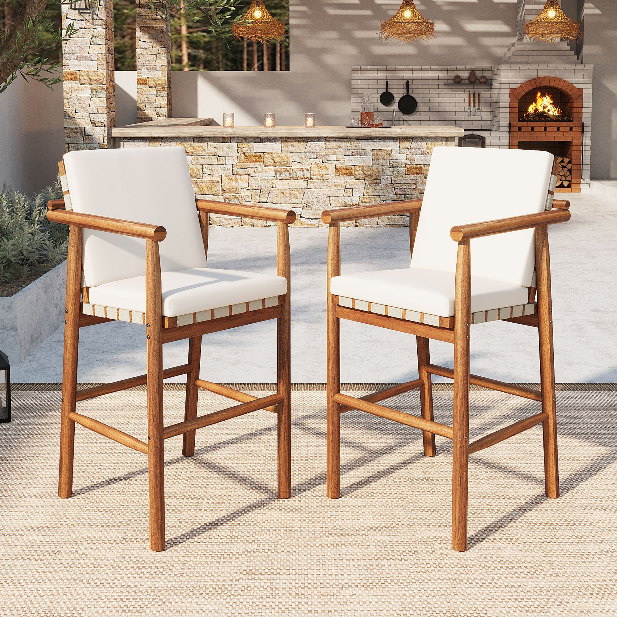 Modern Outdoor Patio Acacia Wooden Counter Height Bar Stools with Backrest Arm and Webbing Seat with Cushions, Set of 2