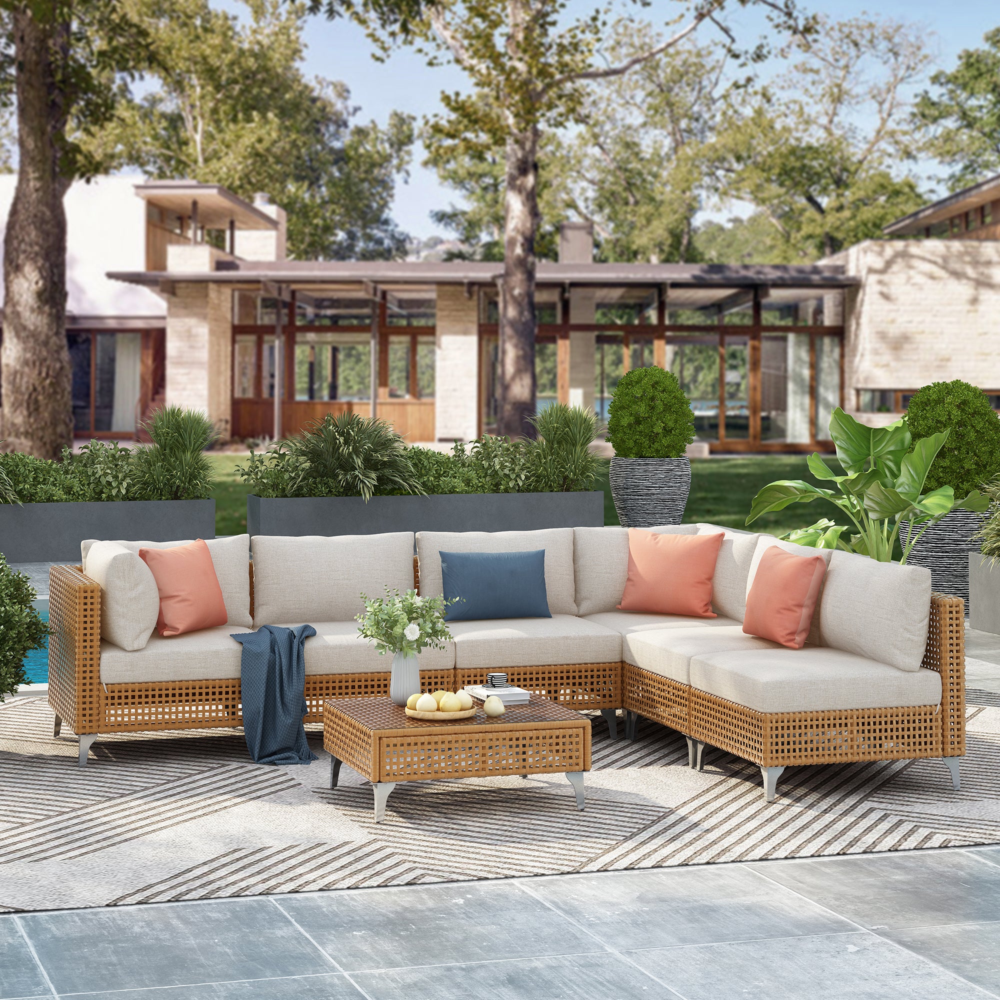 7-Piece Outdoor Wicker Sectional Sofa with Water Resistant Cushions and Coffee Table