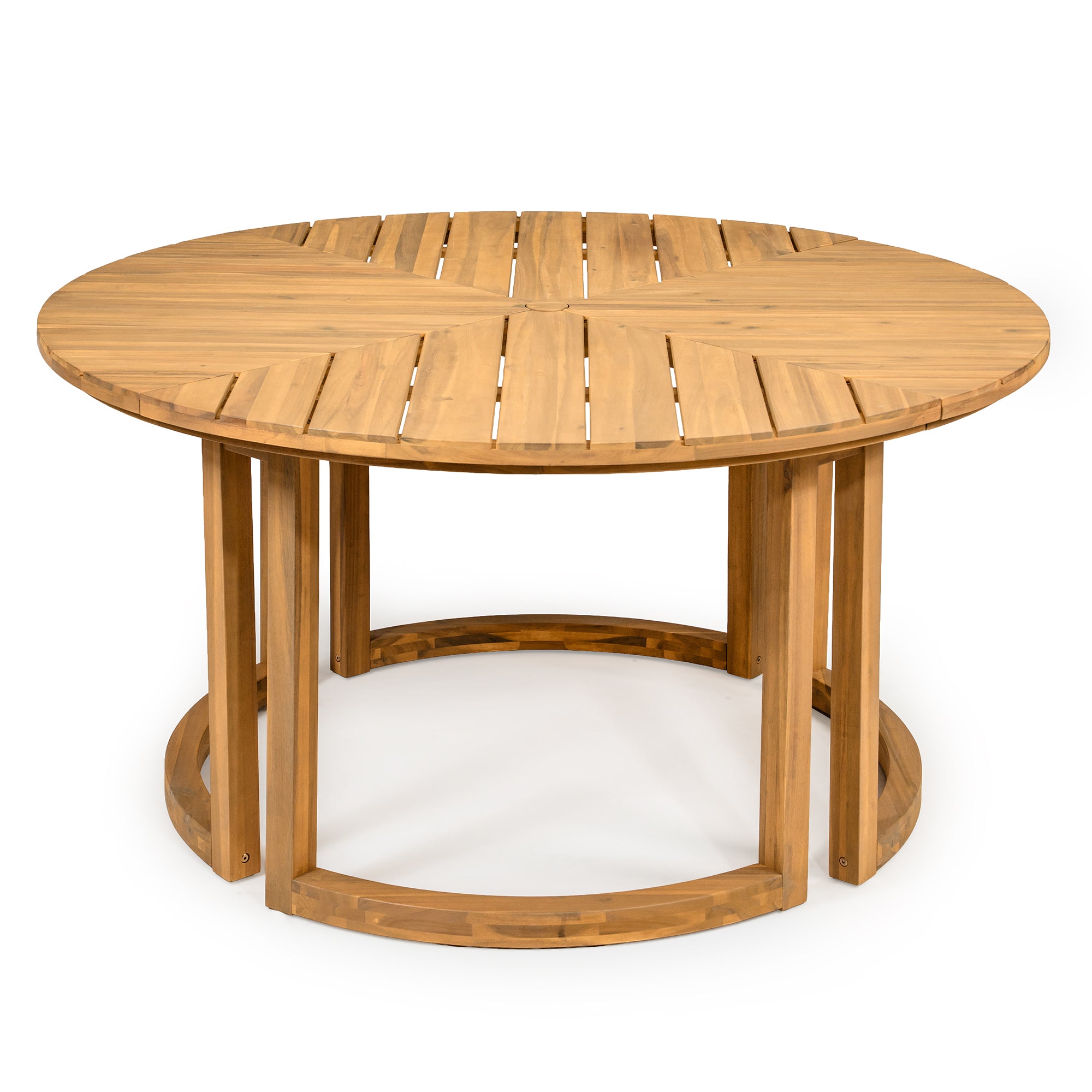 TREXM Patio Dining Table Set for 6, Round Dining Table with 1.96" Umbrella Hole, Outdoor Wooden Patio Furniture Set with Removable Cushions for Garden, Backyard and Pools (Light Teak+Beige Cushion)