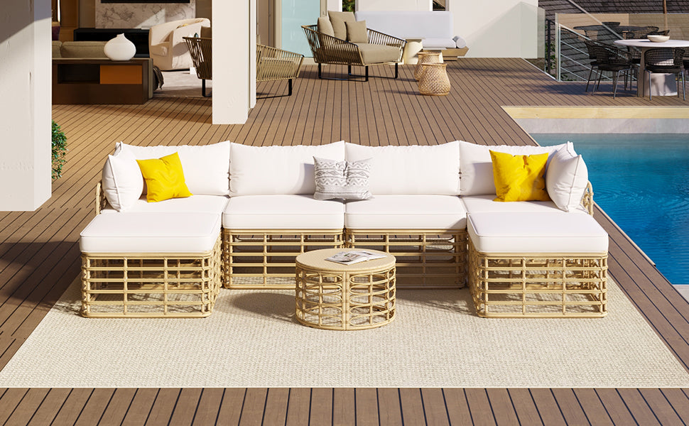 Evoking 7-Piece Outdoor Sectional Set with Hollow Woven Design and Pillows