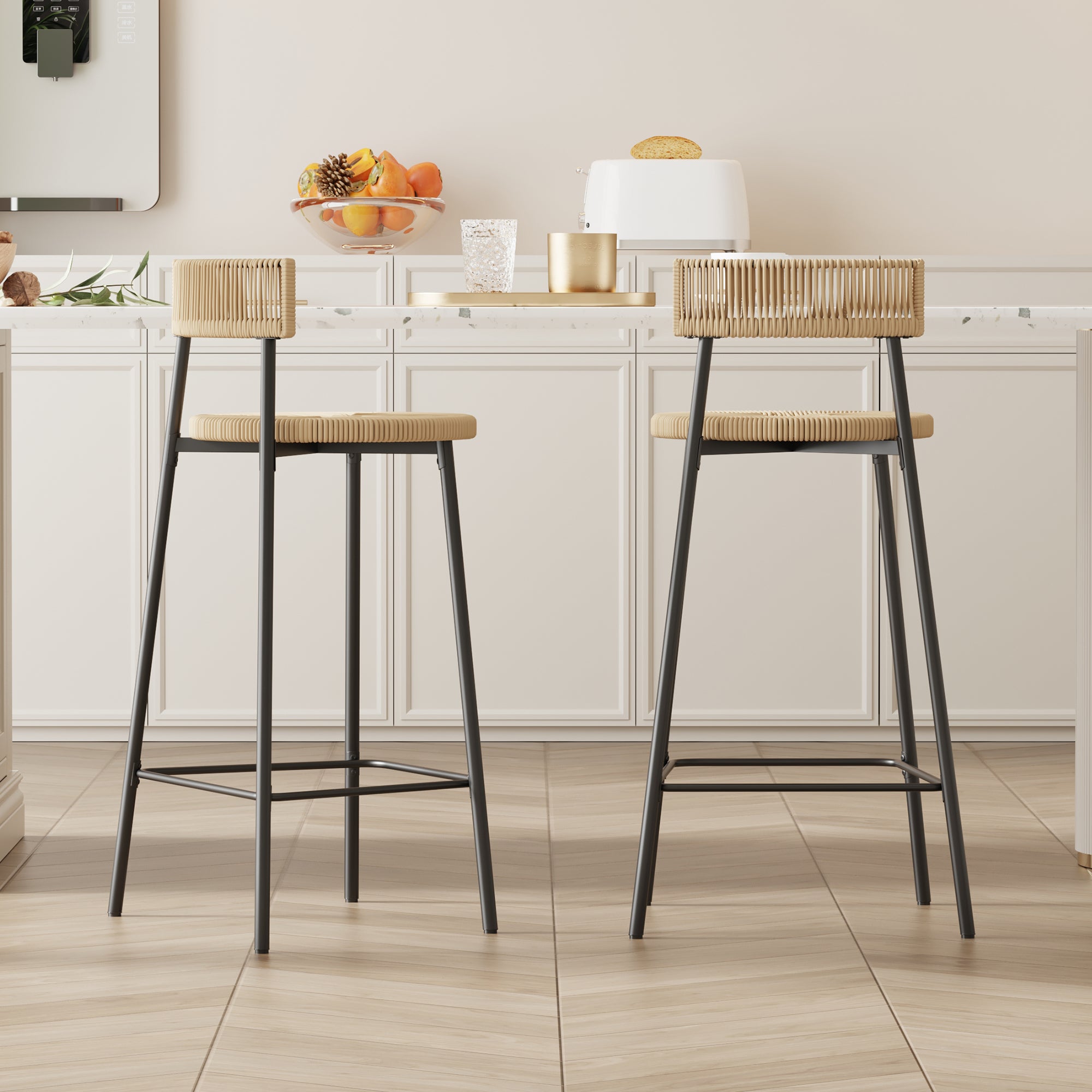 Boho Handwoven Paper Rope Counter Stools, Set of 2
