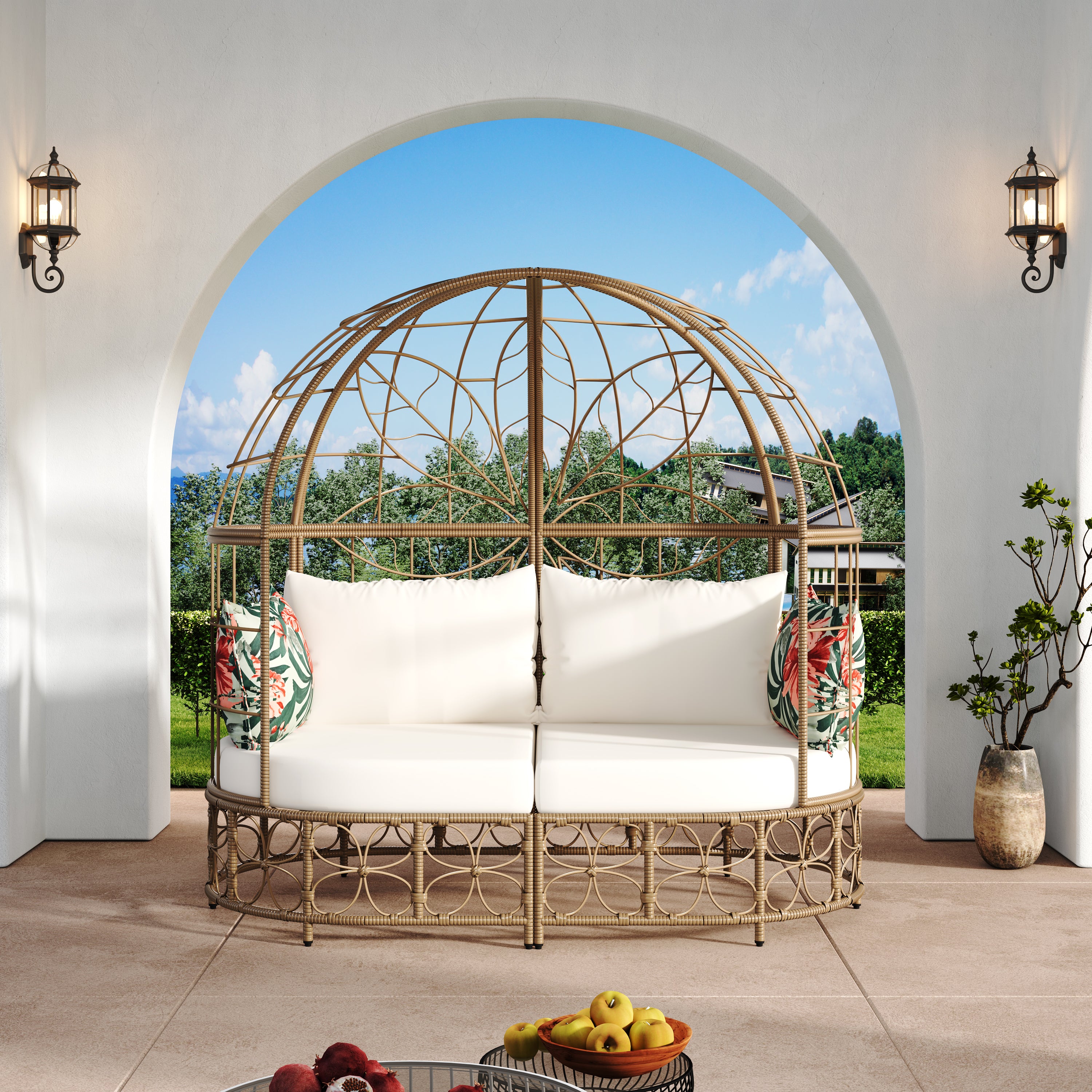 Outdoor Daybed with Curtain and Floral Pattern
