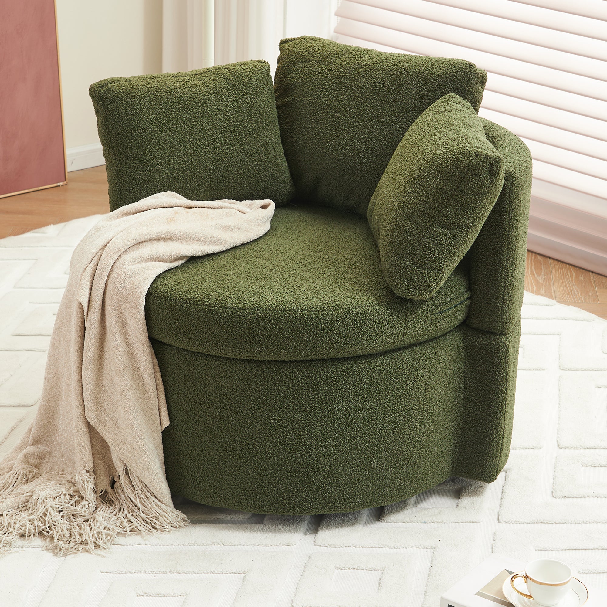 Upholstered Swivel Chair with 3 Throw Pillows and Storage