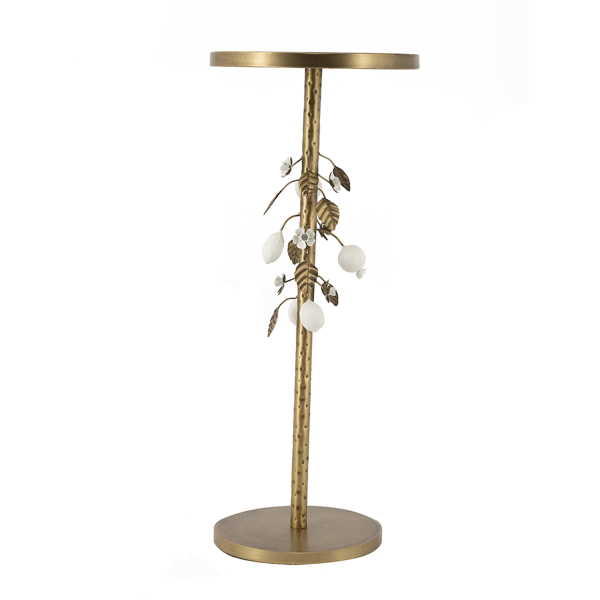 Round Iron Side Table with Gold and White Floral Accents and Cement Base