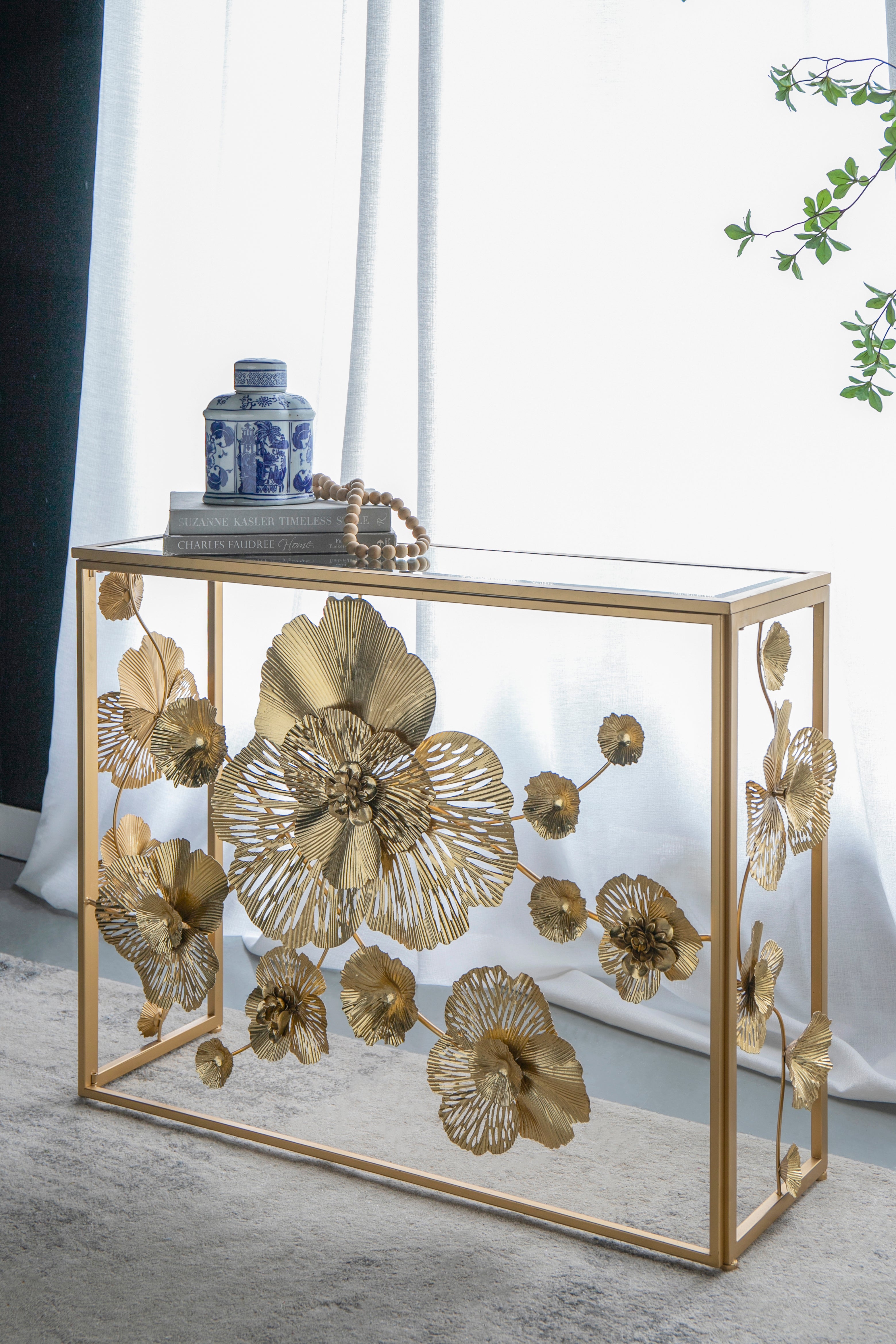 Console Table with Mirrored Glass Top and Floral Design