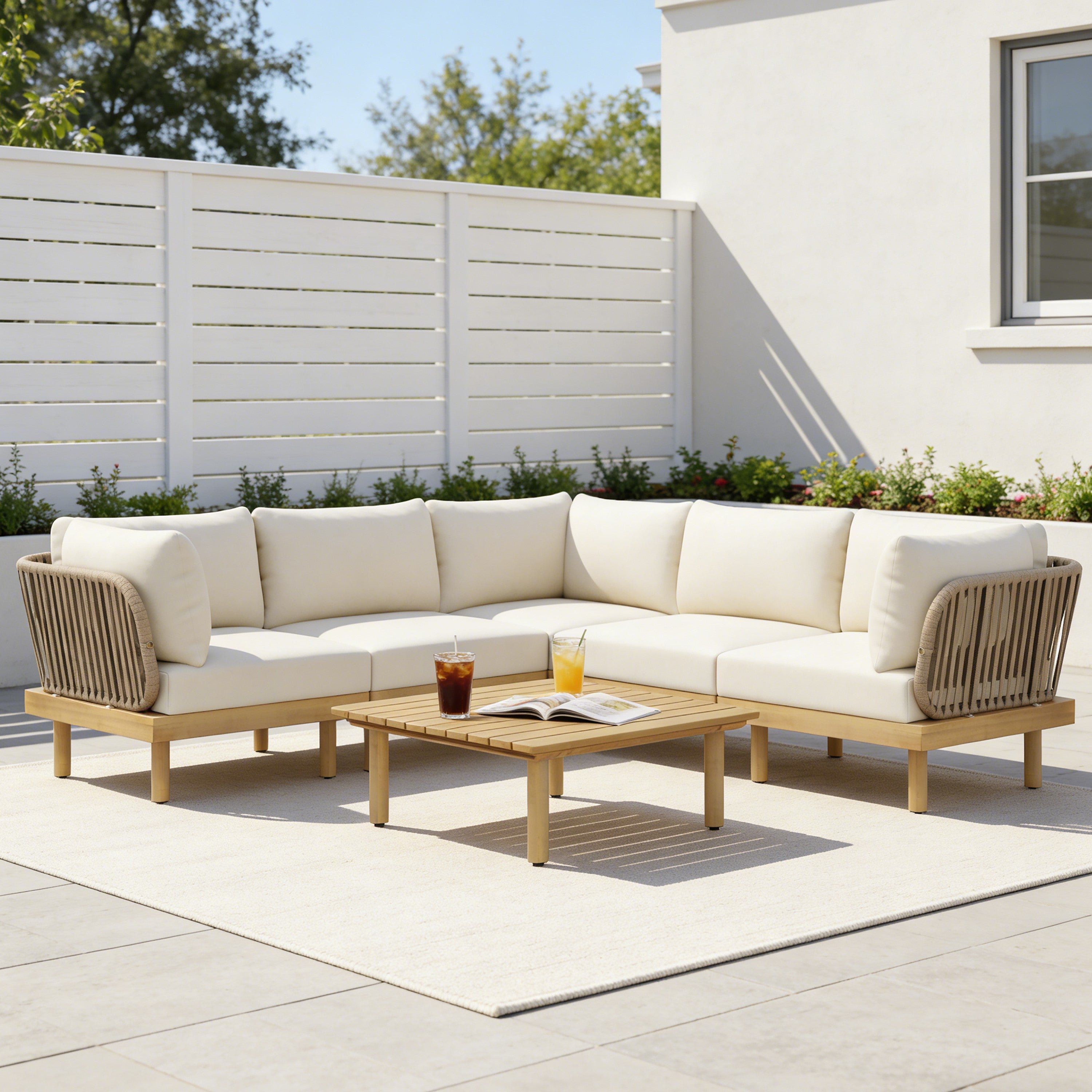 Sebastian 6-Piece Acacia Wood L-Shaped Modular Outdoor Sofa Set