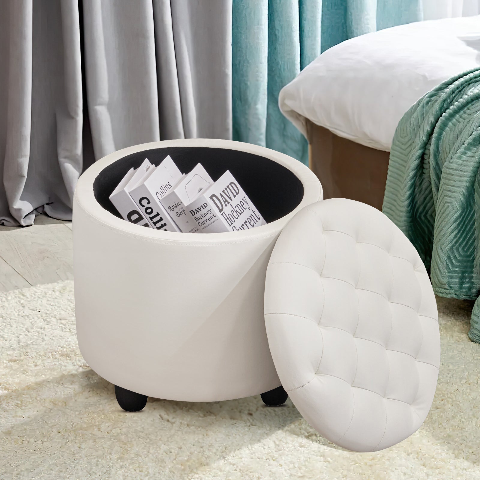 Small Upholstered Circle Pouf Footstool with Removable Lid Storage