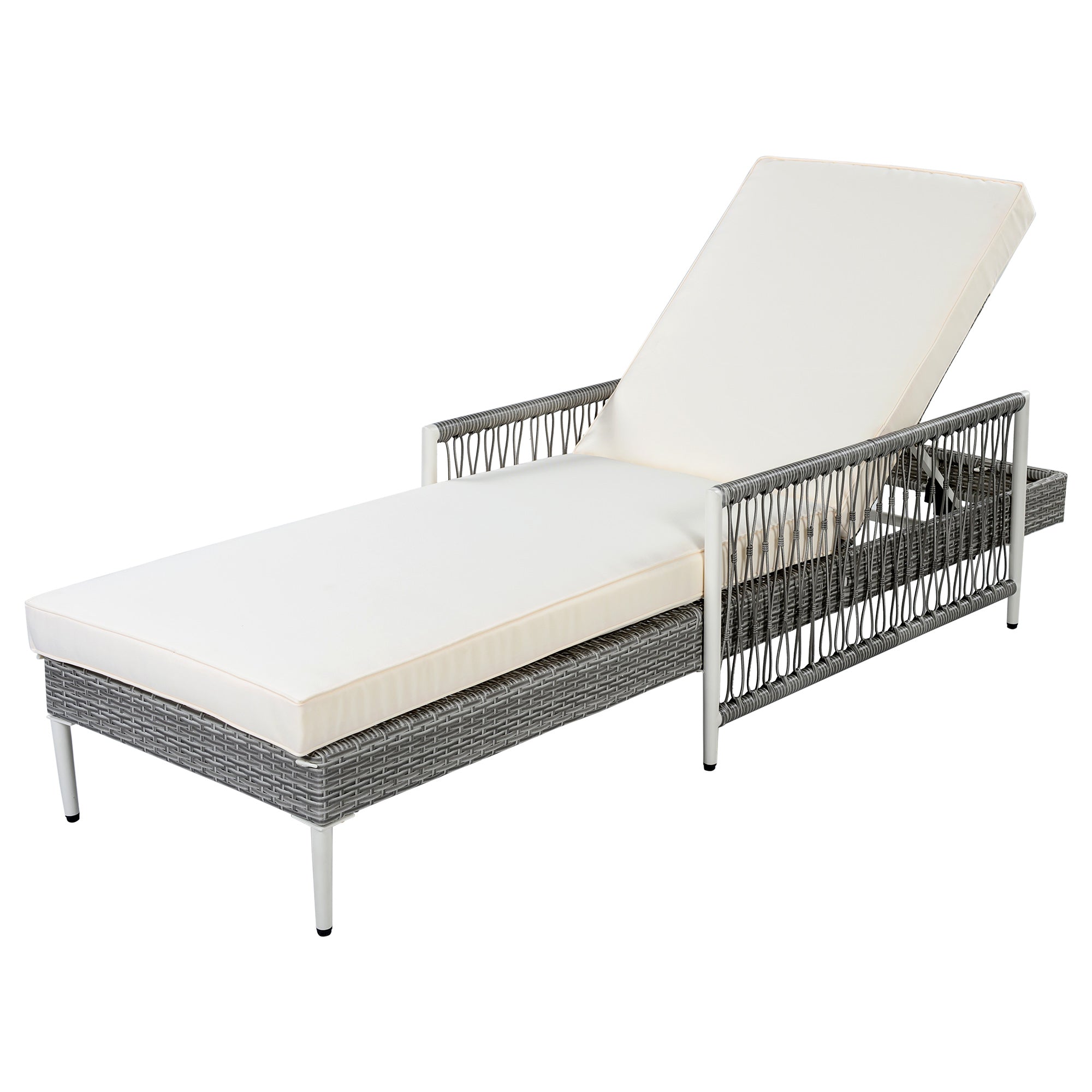 TOPMAX Outdoor All-Weather PE Rattan Chaise Lounge, Minimalist Patio Wicker Lounge Chair with 6 Gear Adjustable Recliner, Arms and Cushion for Poolside, Deck, Grey