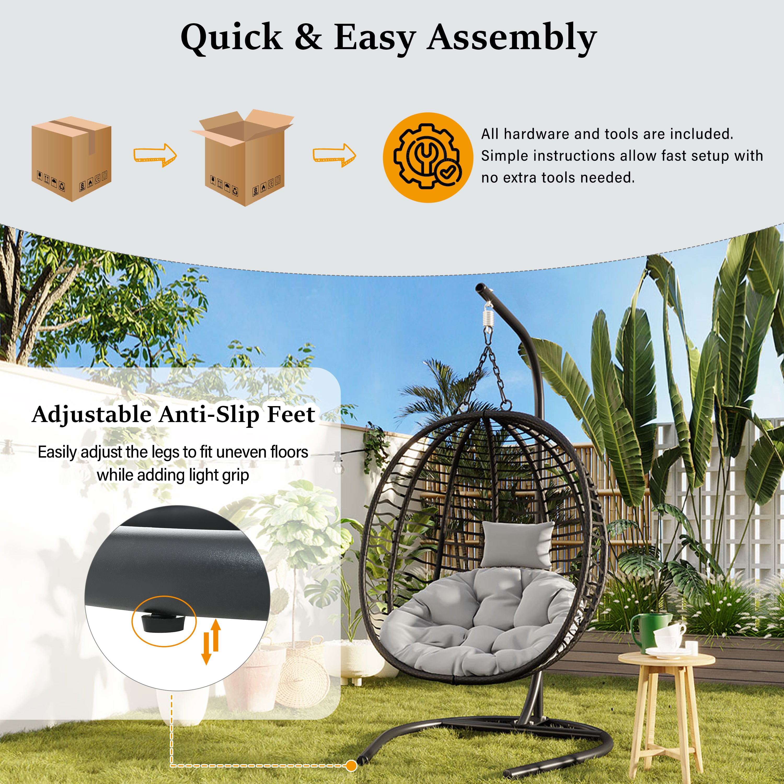 Folding Hanging Swinging Egg Chair with Stand & Tufted Cushion