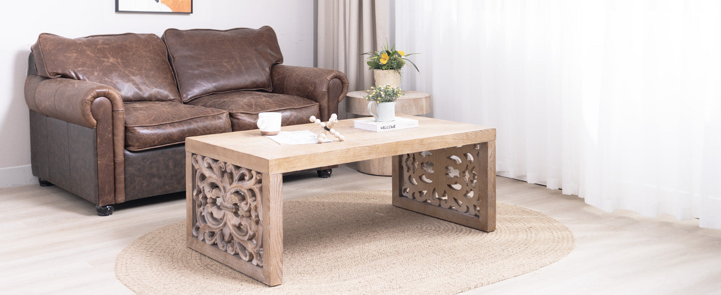 Handcrafted Rustic Wood Coffee Table with Ornate Side Panels