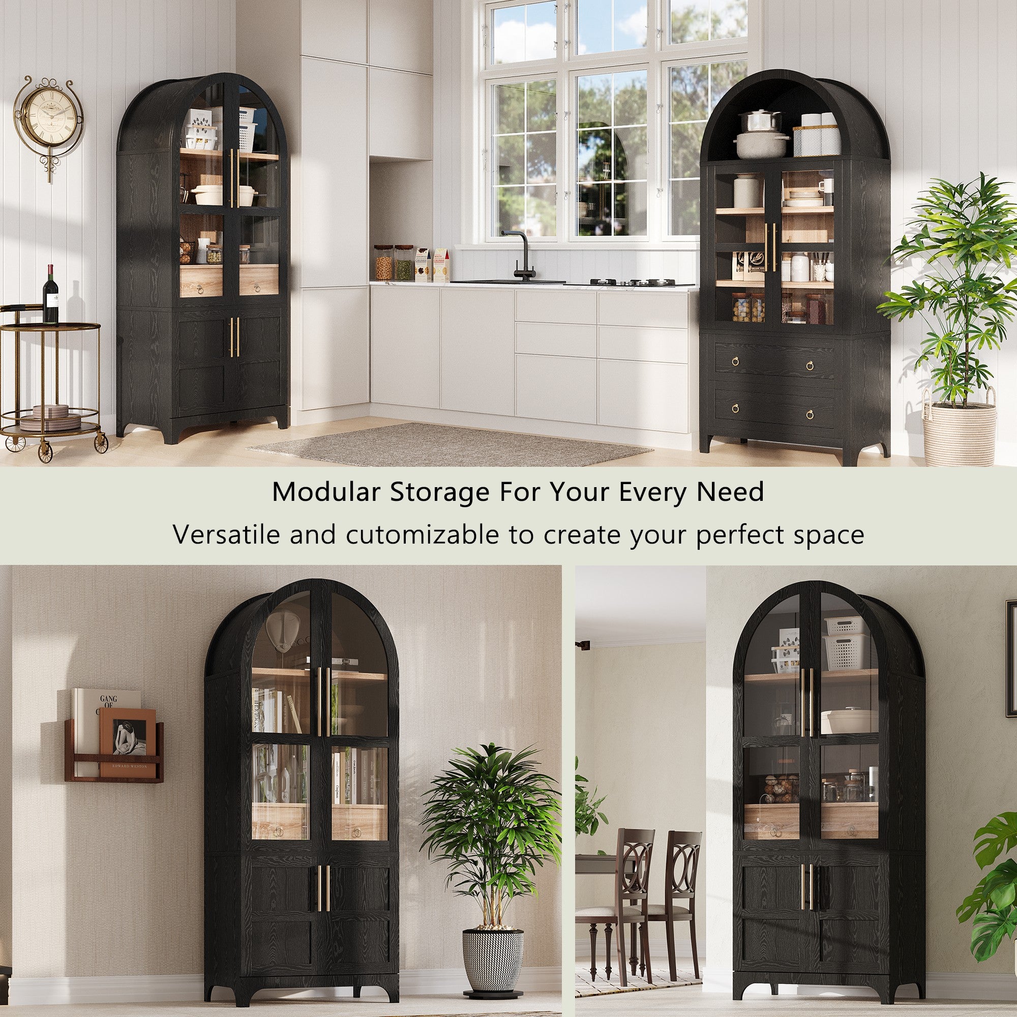 Farmhouse Kitchen Storage Cabinet with Open & Adjustable Shelves