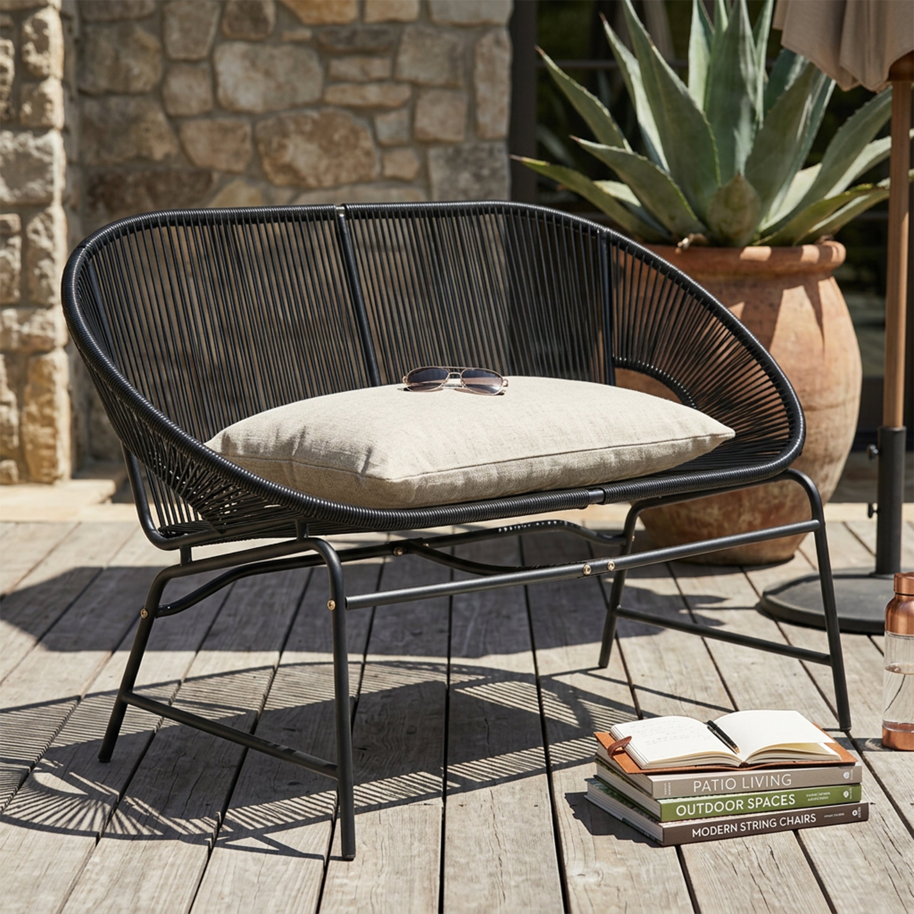 CONDESSA OUTDOOR PATIO WICKER LOVE SEAT, GREEN PE RATTAN & IRON FRAME, SET OF 1