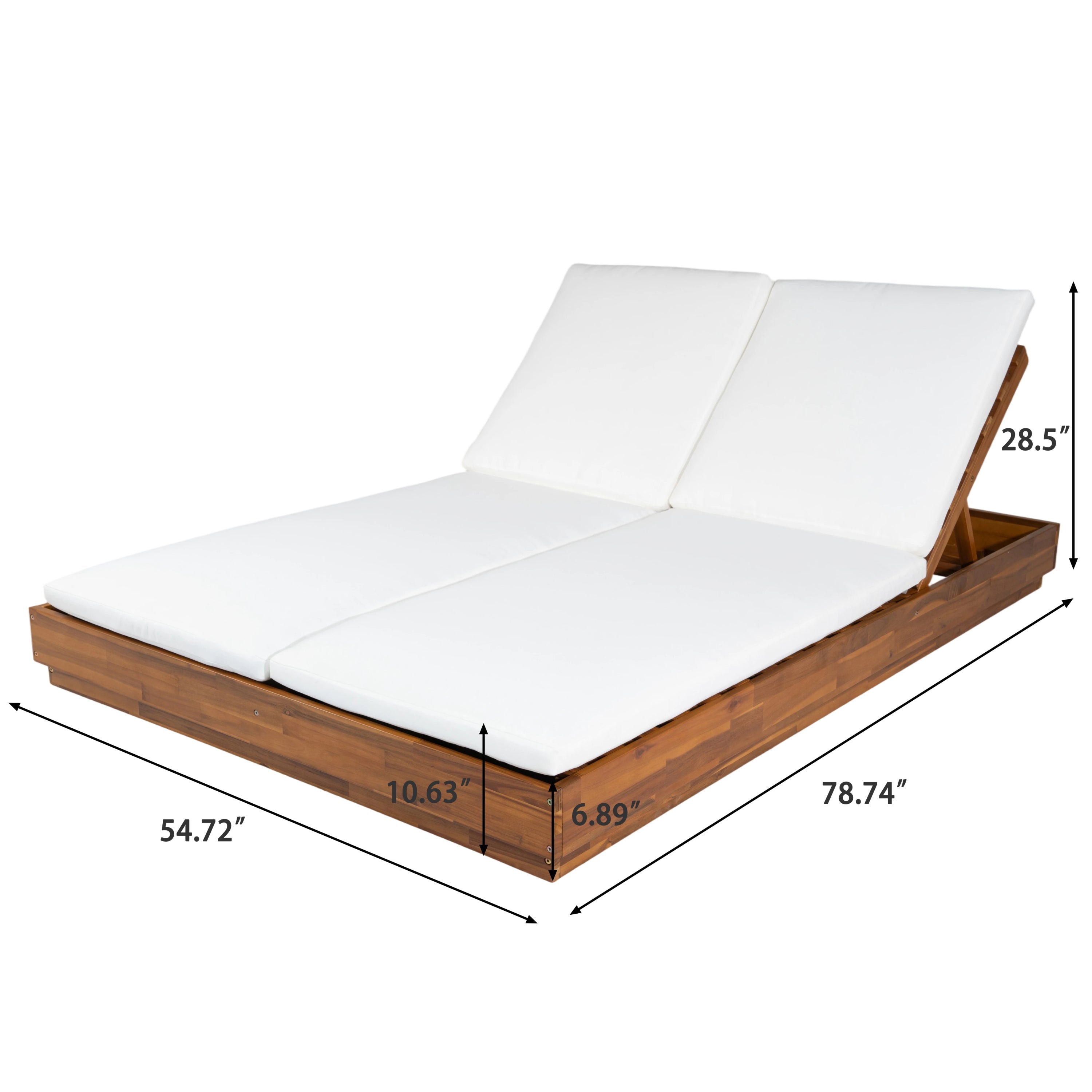 Adjustable Acacia Wood Low-Profile Double Sunlounge with Cushion