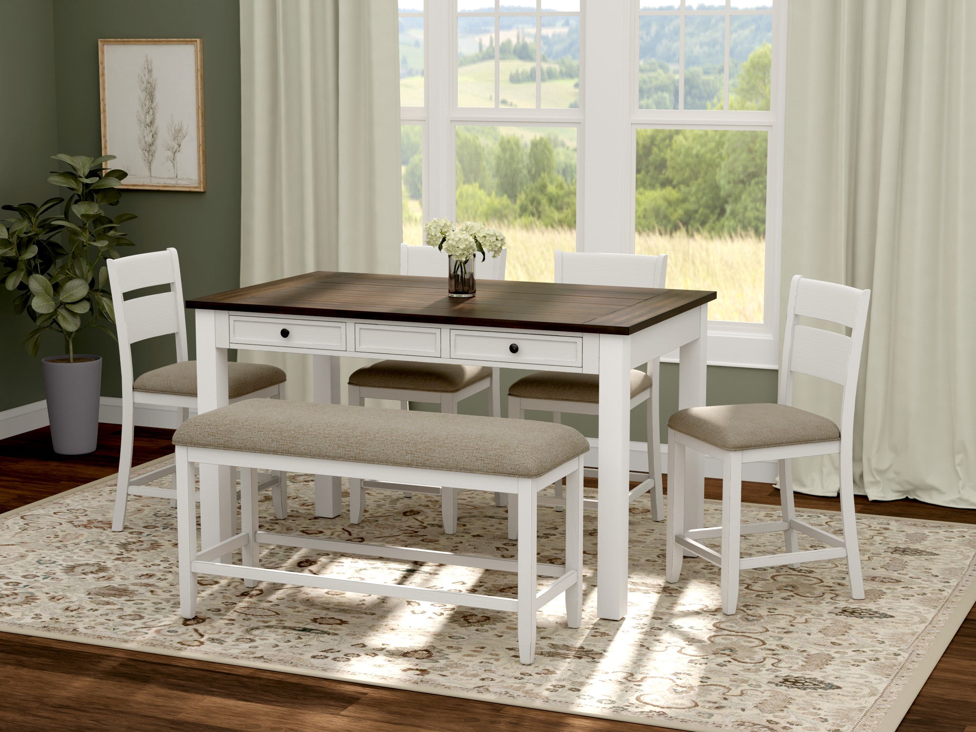 Brown And White 6 Piece Gathering Dining Set