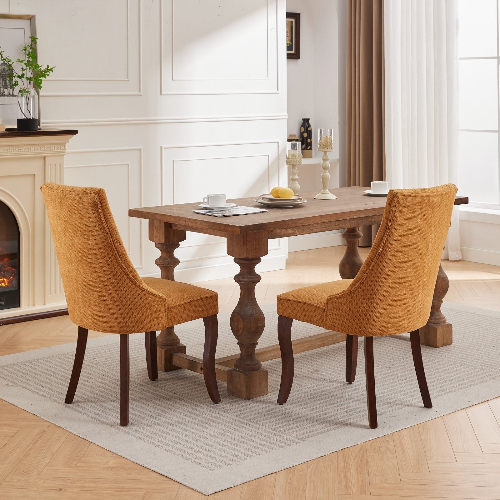 Rayon Cloth Flocking Linen Dining Chairs Channel Kitchen Dinner Chair Comfy Fabric Upholstered Accent Chair for Dining Room with Curved Solid Wood Legs,Set of 2 (Gold), SW1847GL