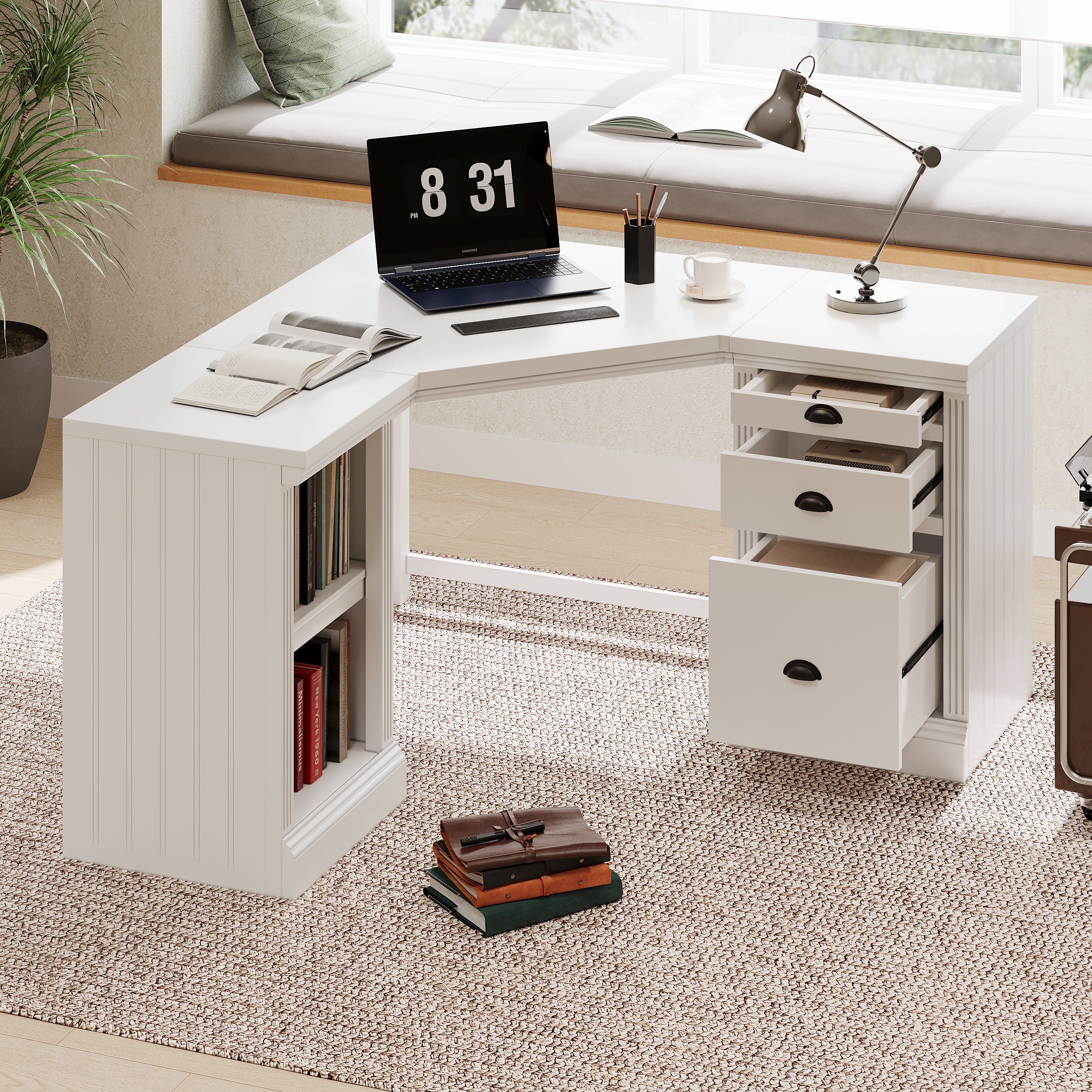 L Shaped Executive Desk with 2 Storage Cabinets and 3 Drawers