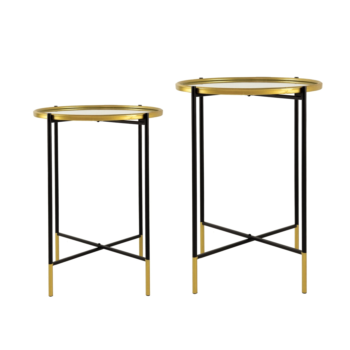 Set of 2 Gold and Black Iron Side Tables with Glass Top